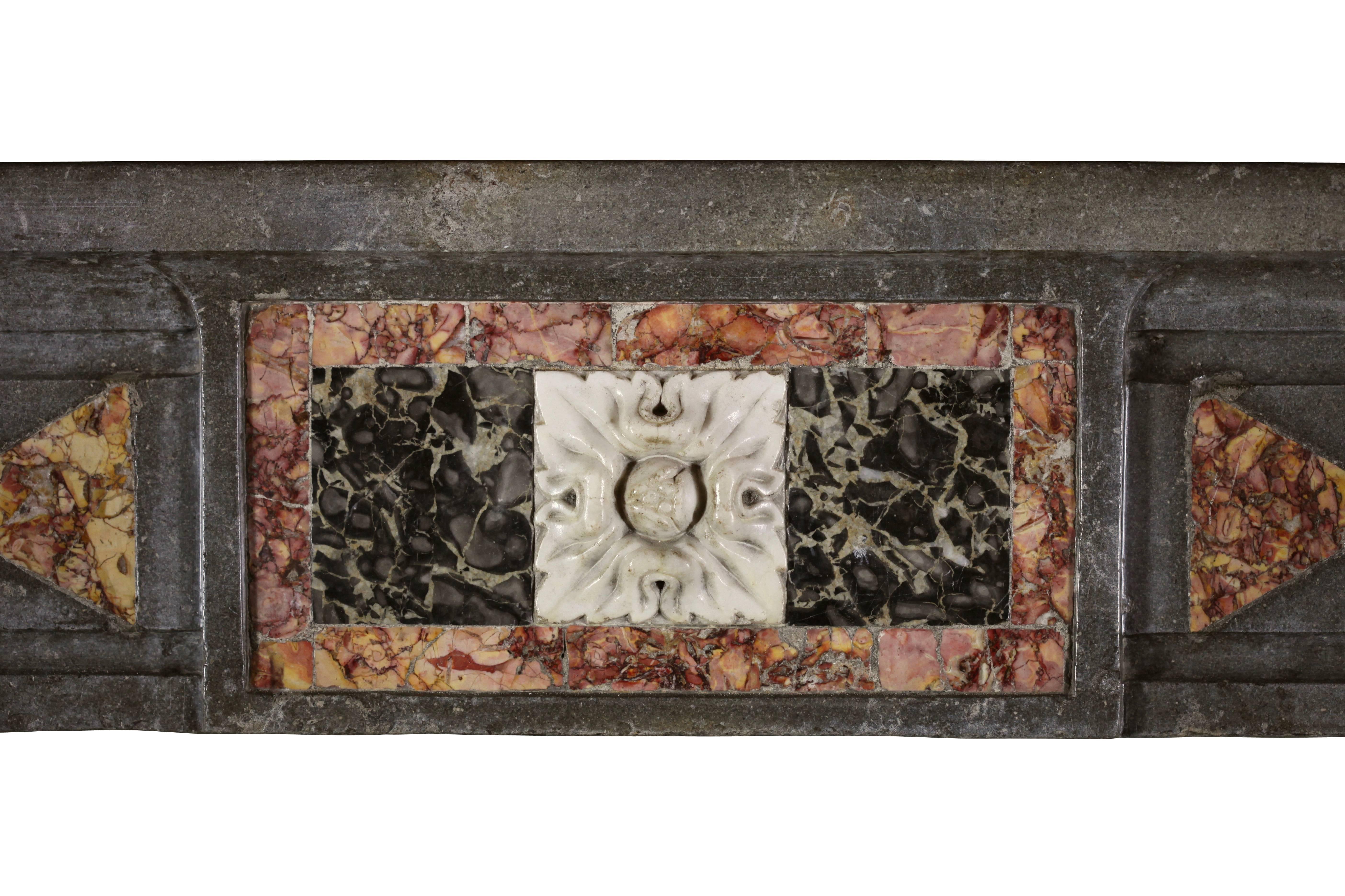 One of a kind Italian antique fireplace surround with statuary and Brocatelle marble inlay. This is a statement piece! Great for a country look or rustic chique like one would find in Venice.
Measures: 
170 cm EW 66.93