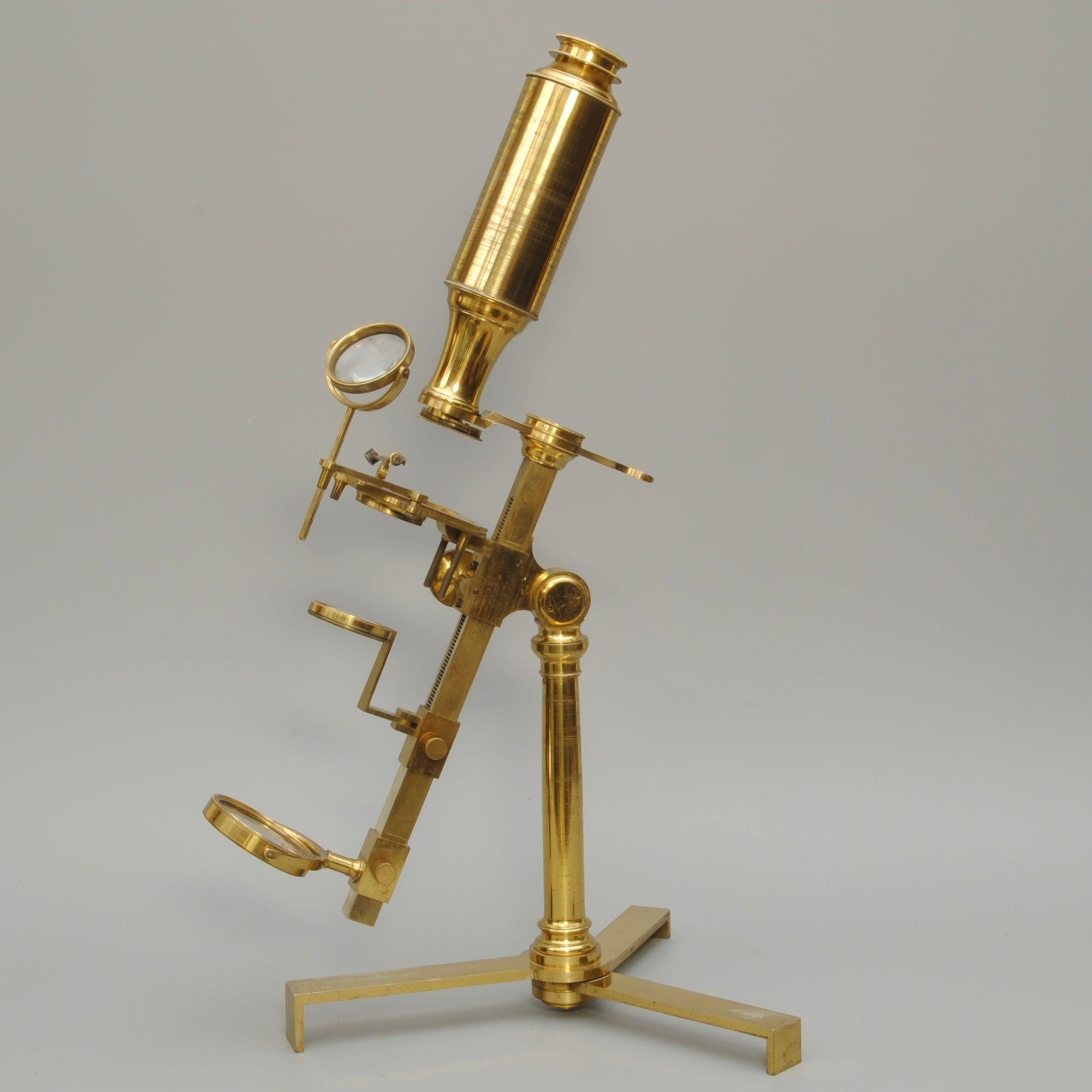 A Jones most improved compound microscope by Dollond, London. The original fitted mahogany case complete with the set of accessories. The instrument is in superb original condition and one of the nicest example we have had.
Circa 1810.