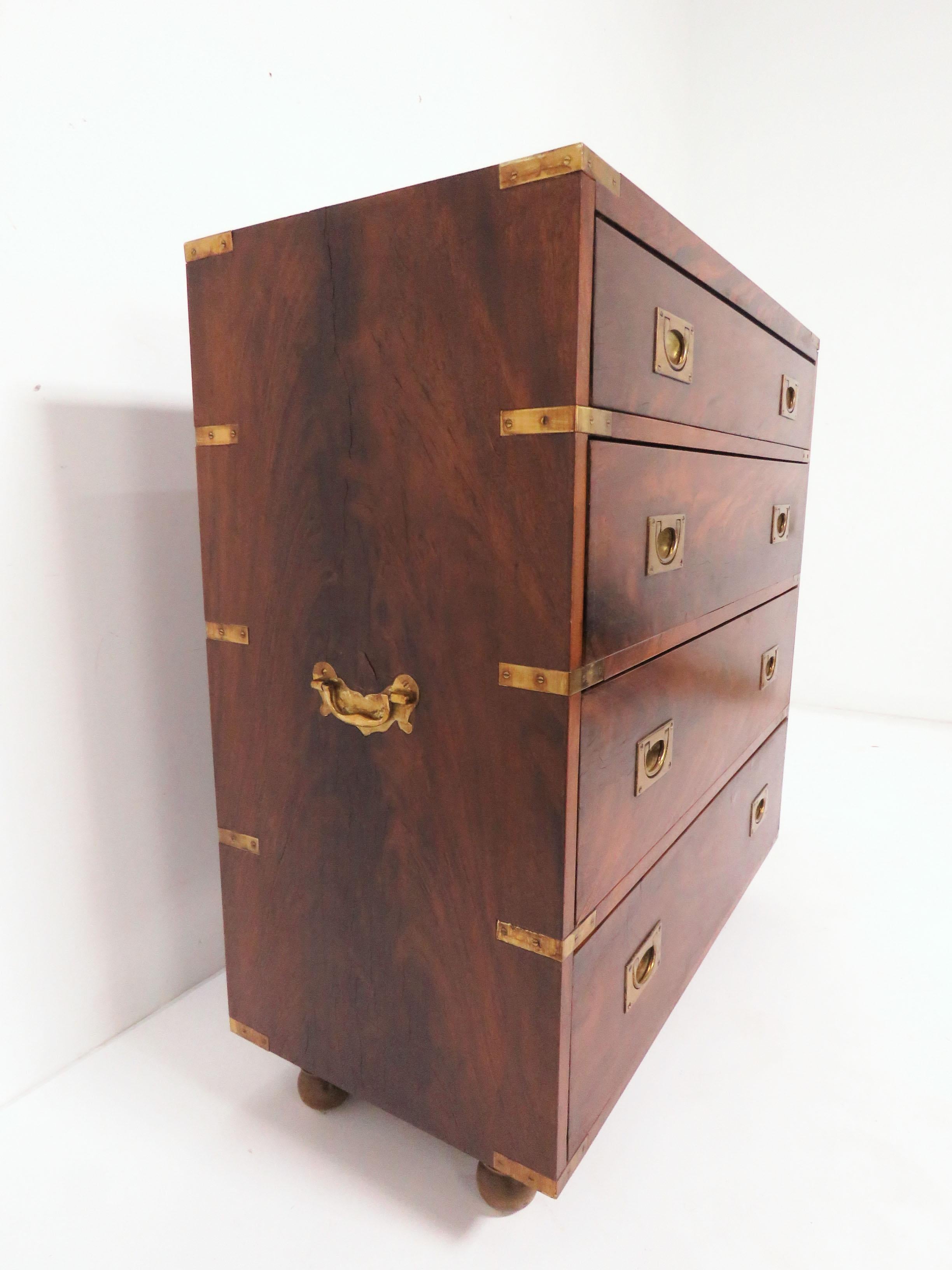 Fine Four Drawer Campaign Chest in Flamed Mahogany In Good Condition In Peabody, MA