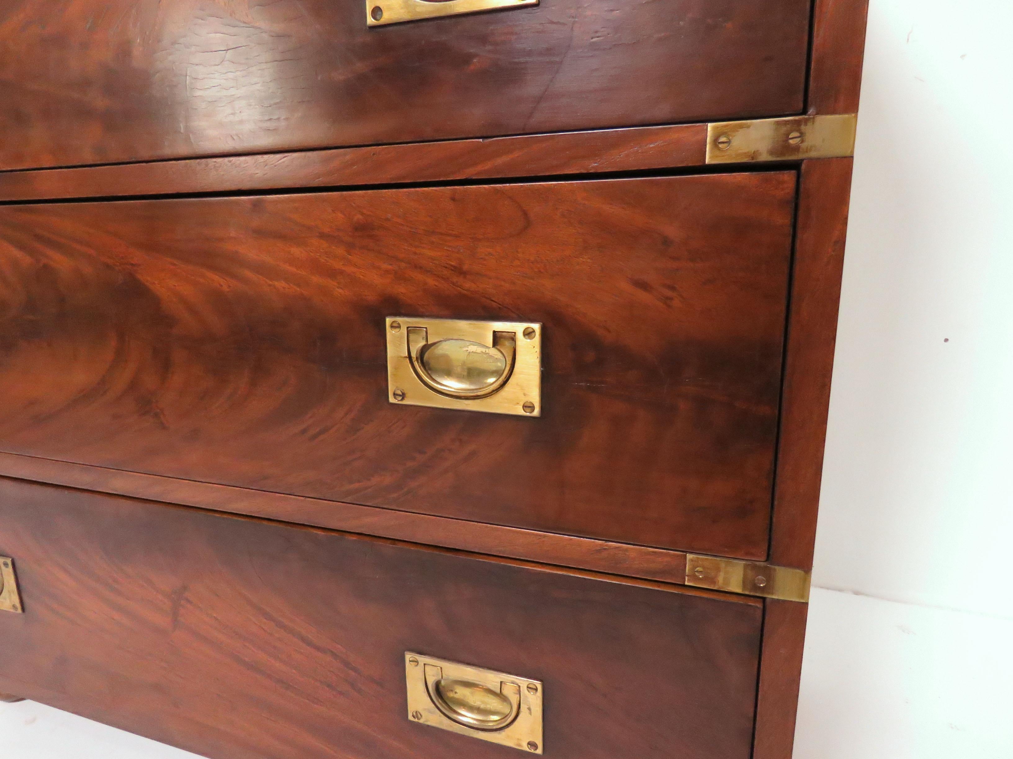 Brass Fine Four Drawer Campaign Chest in Flamed Mahogany