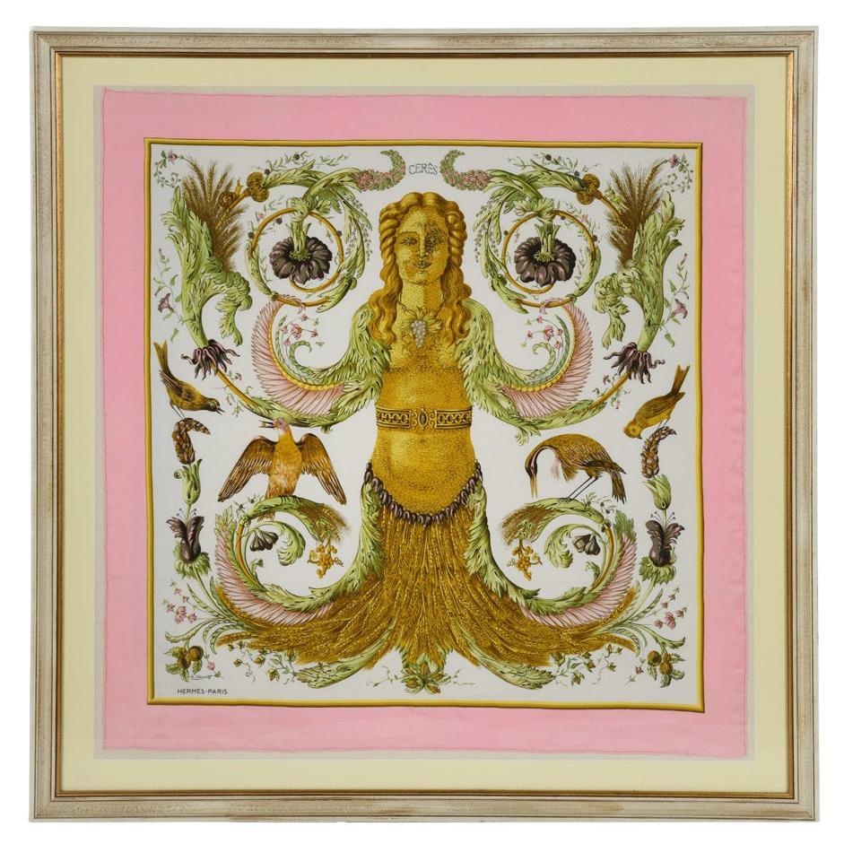 Ein feines gerahmtes Hermès 90 Seidenquadrat von Cerès, von Françoise Faconett, um 1967 im Angebot