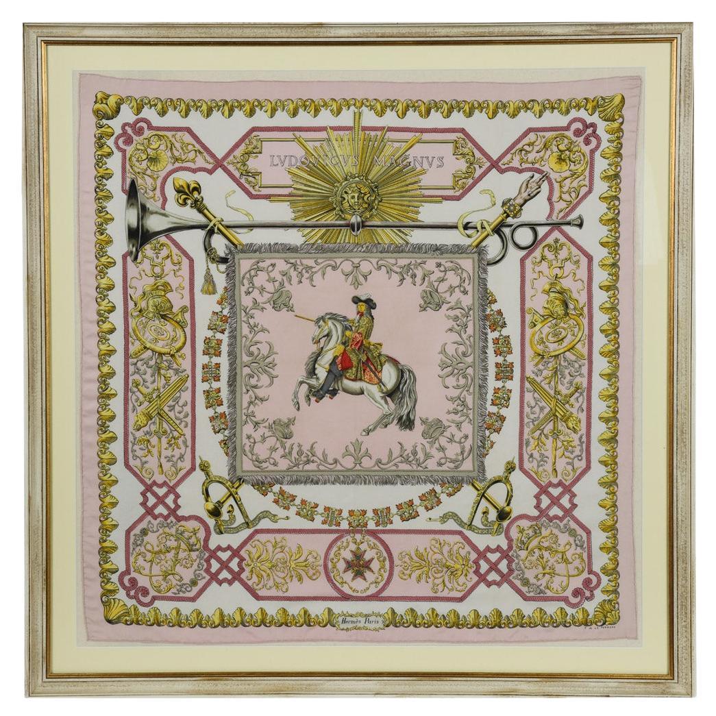 A fine framed Hermès 90 silk square of Ludvicus Magnus (Louis XIV) For Sale