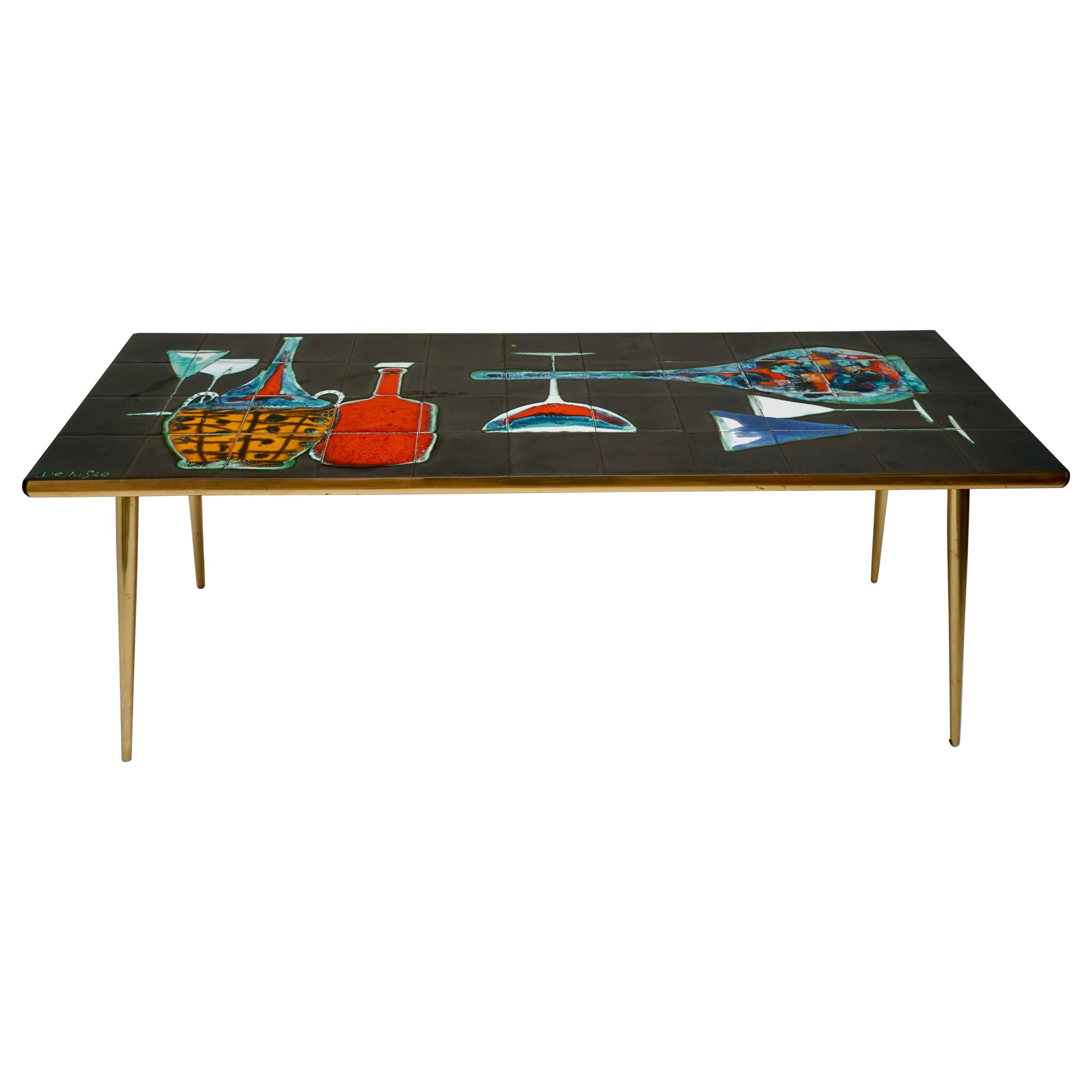 Table basse française des années 1950 avec base en laiton et plateau en céramique de Denisco