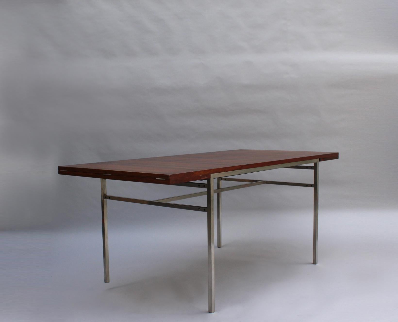 Mid-20th Century Fine French 1950s Extendable Chrome and Rosewood Table by Alain Richard For Sale