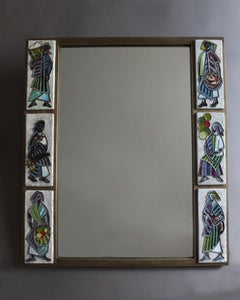 A Fine French 1960s Brass and Ceramic Framed Mirror by Scaillon