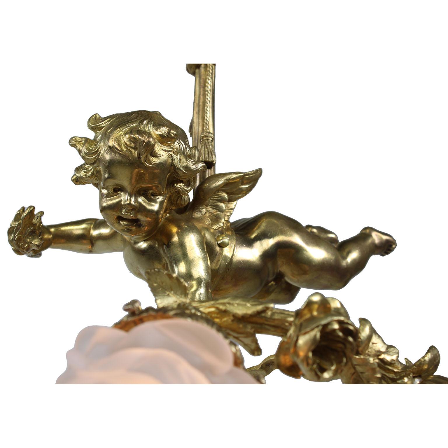 Frosted Fine French 19th/20th Century Belle Époque Cherub Whimsical Chandelier Pendant For Sale