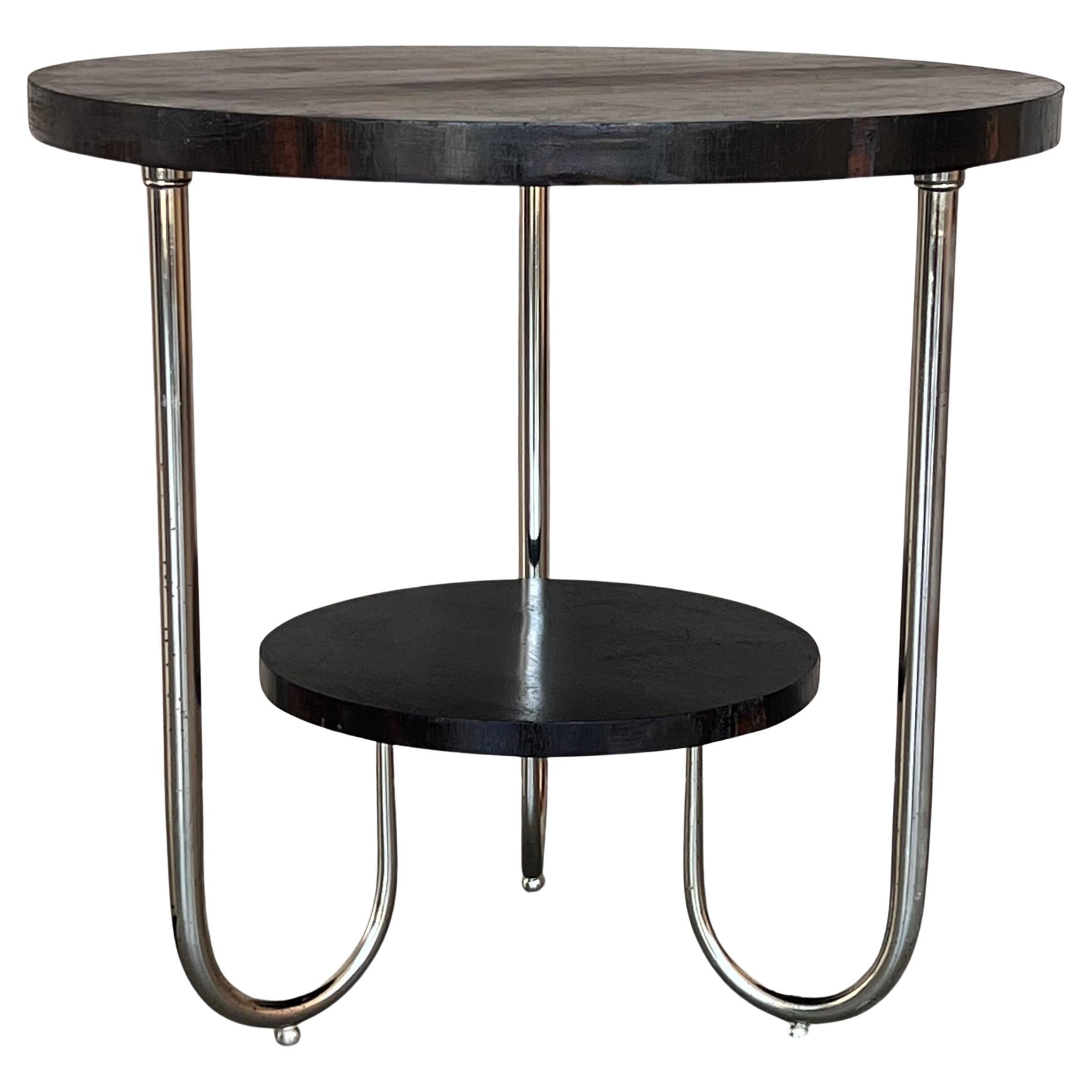 A Fine French Art Deco Mahogany and Chrome Two-Tiered Gueridon Side Table For Sale