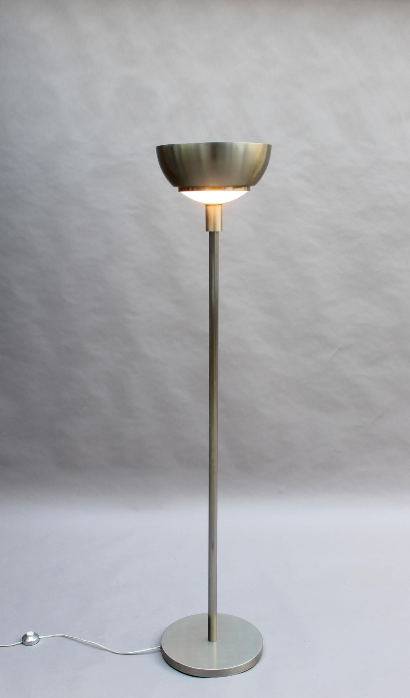 Brushed Fine French Art Deco Nickel and Glass Floor Lamp by Jean Perzel For Sale