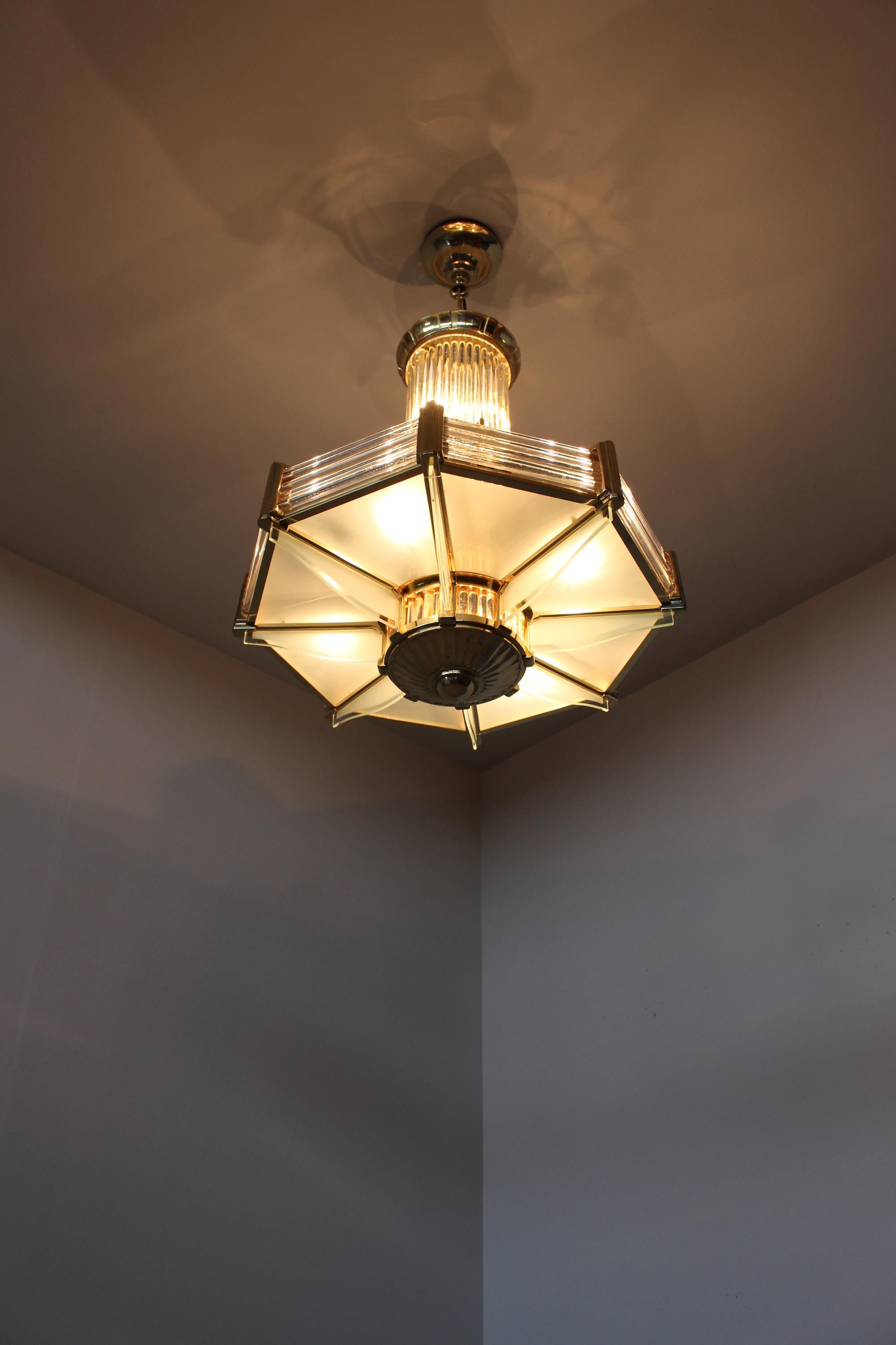 A Fine French Art Deco Octagonal Bronze and Glass Chandelier by Petitot In Good Condition For Sale In Long Island City, NY