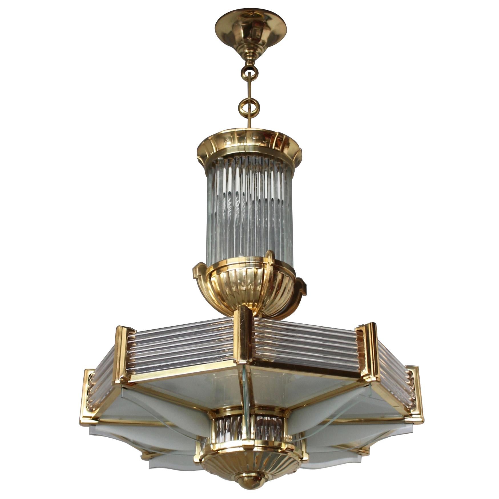 A Fine French Art Deco Octagonal Bronze and Glass Chandelier by Petitot For Sale