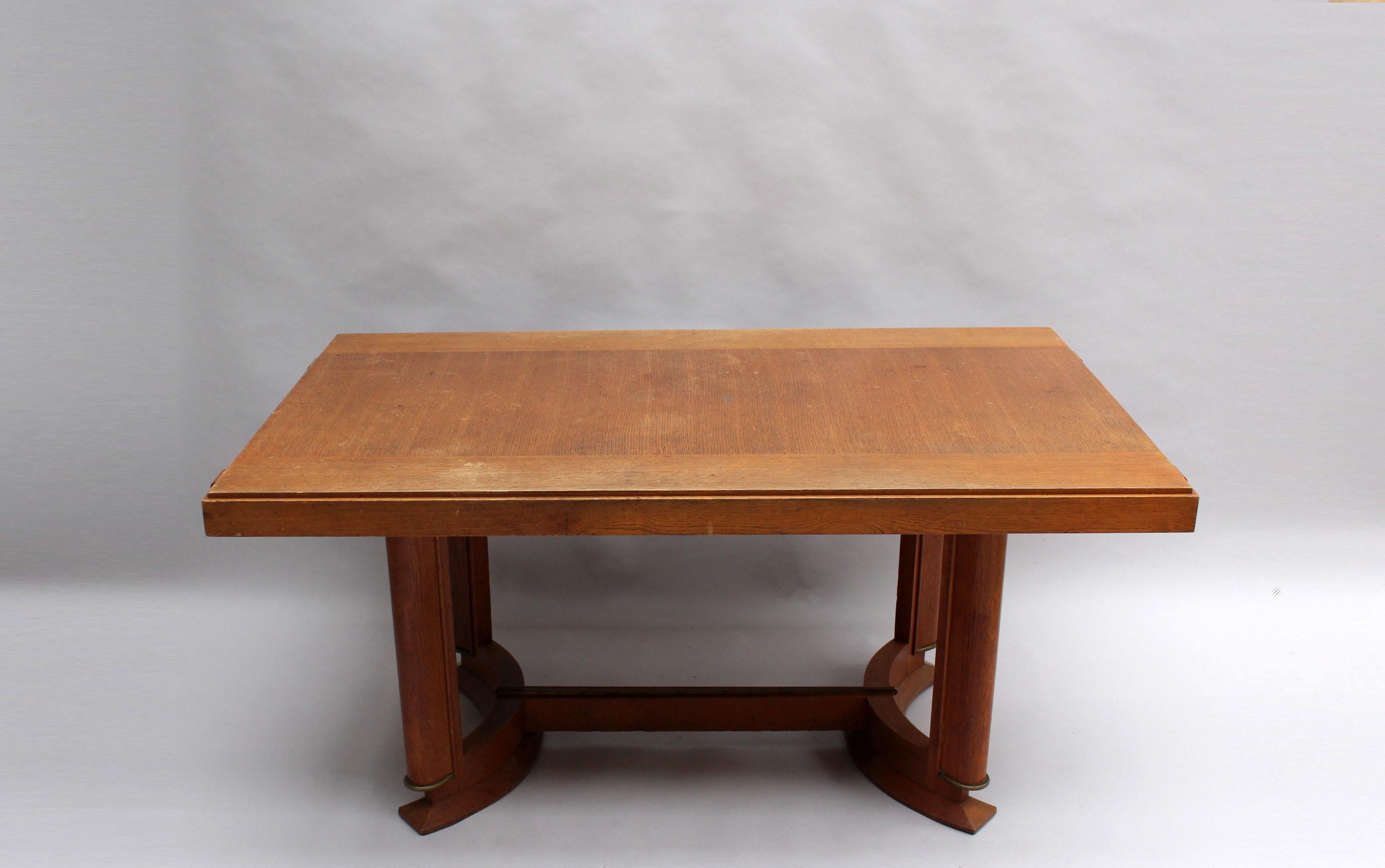 Brass Fine French Art Deco Rectangular Oak Dining Table For Sale