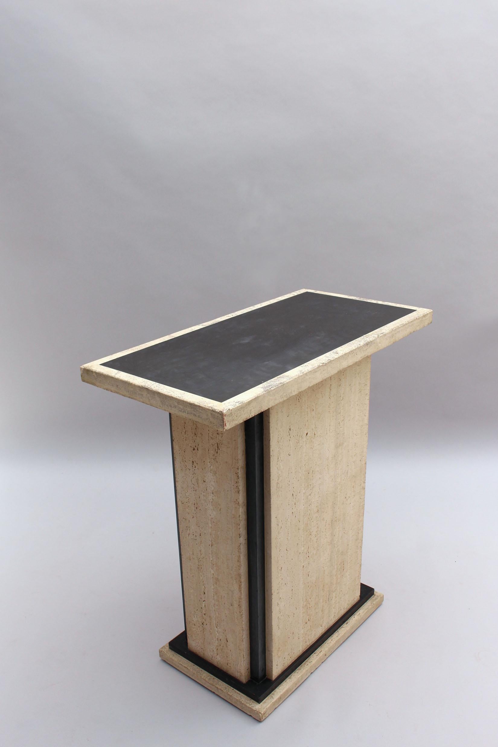 A Fine French Art Deco travertine and black stone Pedestal.