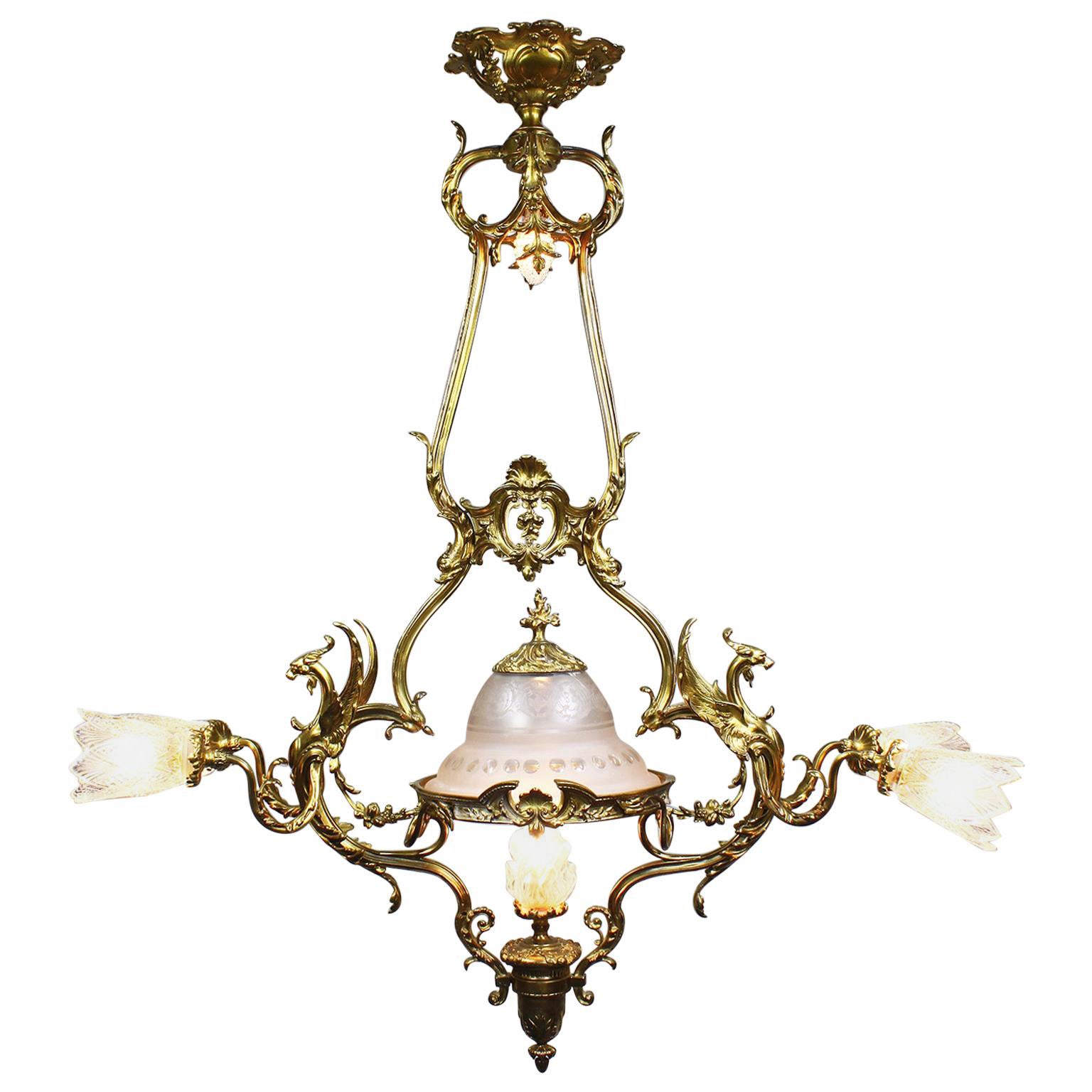 A Fine French Belle Époque Neoclassical Style Figural 'Lyre' Dragon Chandelier
