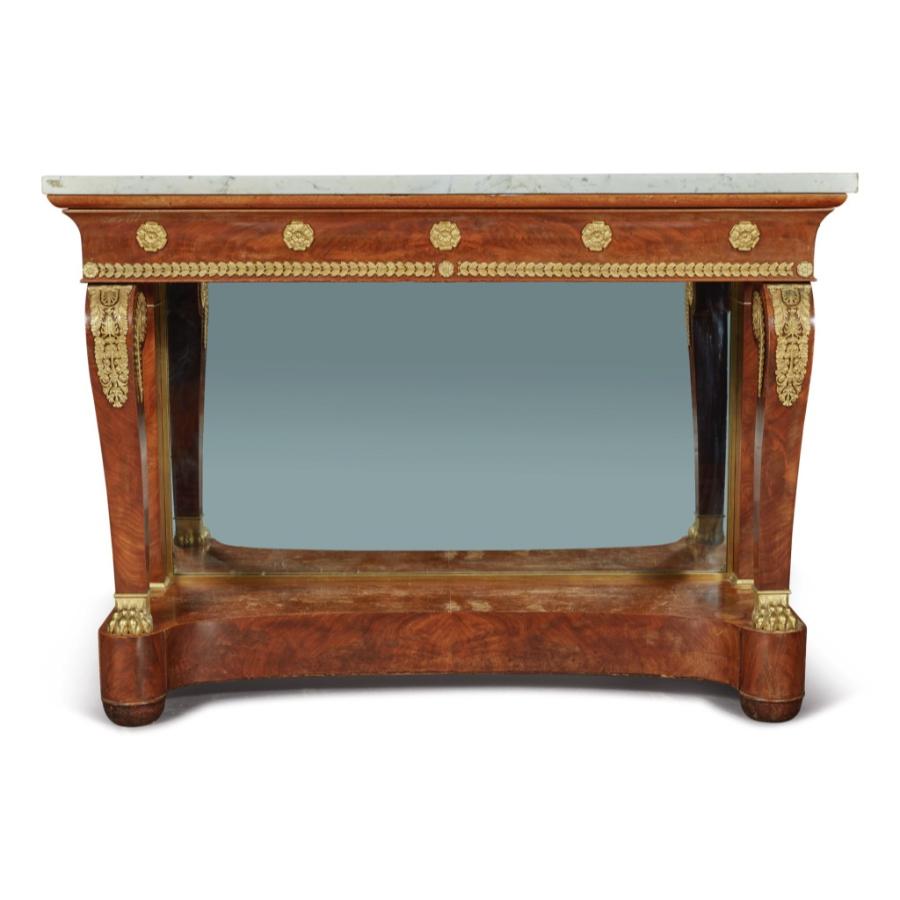 A fine Russian Empire ormolu-mounted mahogany console table, Circa 1815.

With a white marble top and mirrored glass back. Very high quality and delicate French bronze mounts. Very elegant design.

Measures: 37