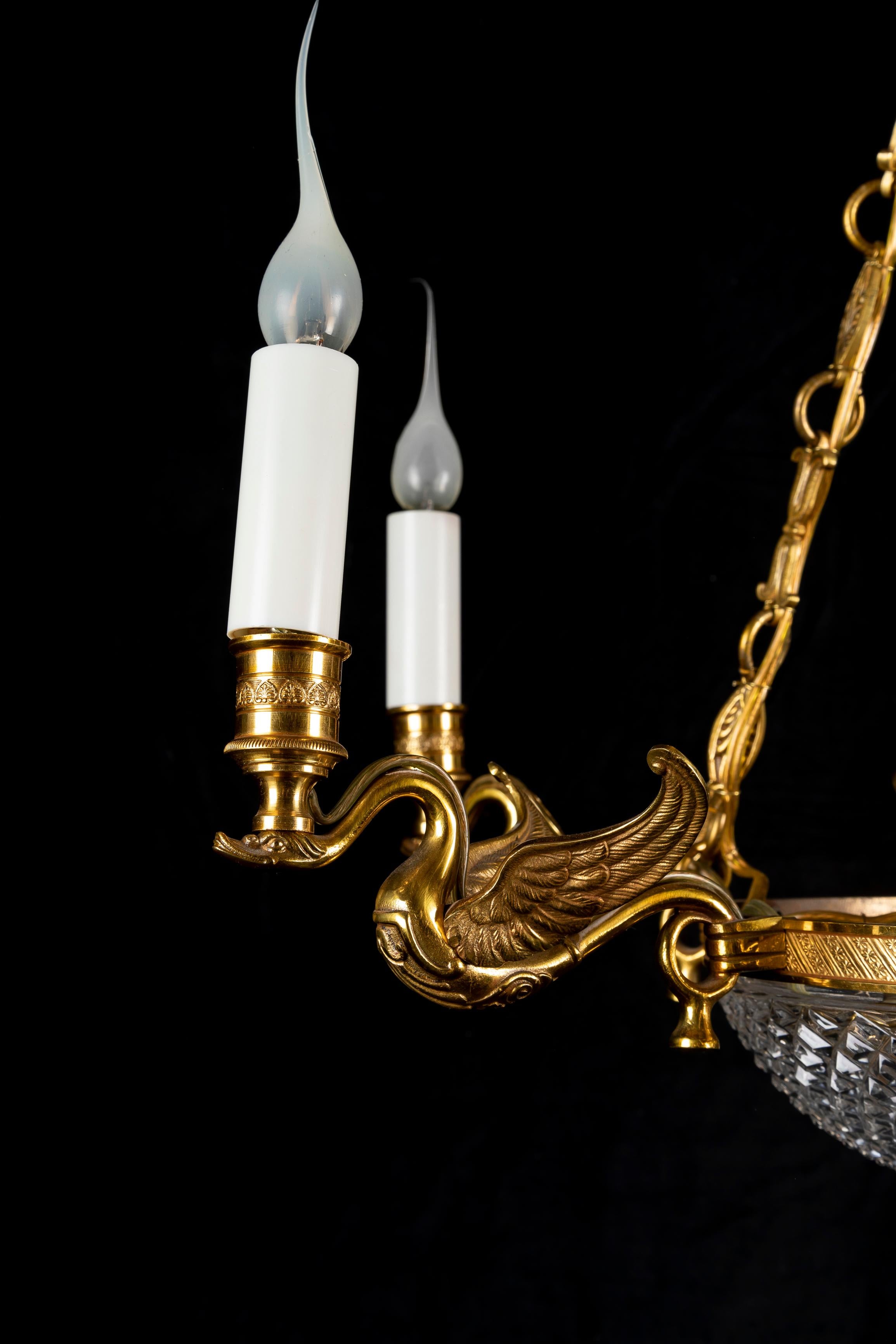 A Fine French Empire Style Gilt Bronze and Crystal Swan Chandelier For Sale 6