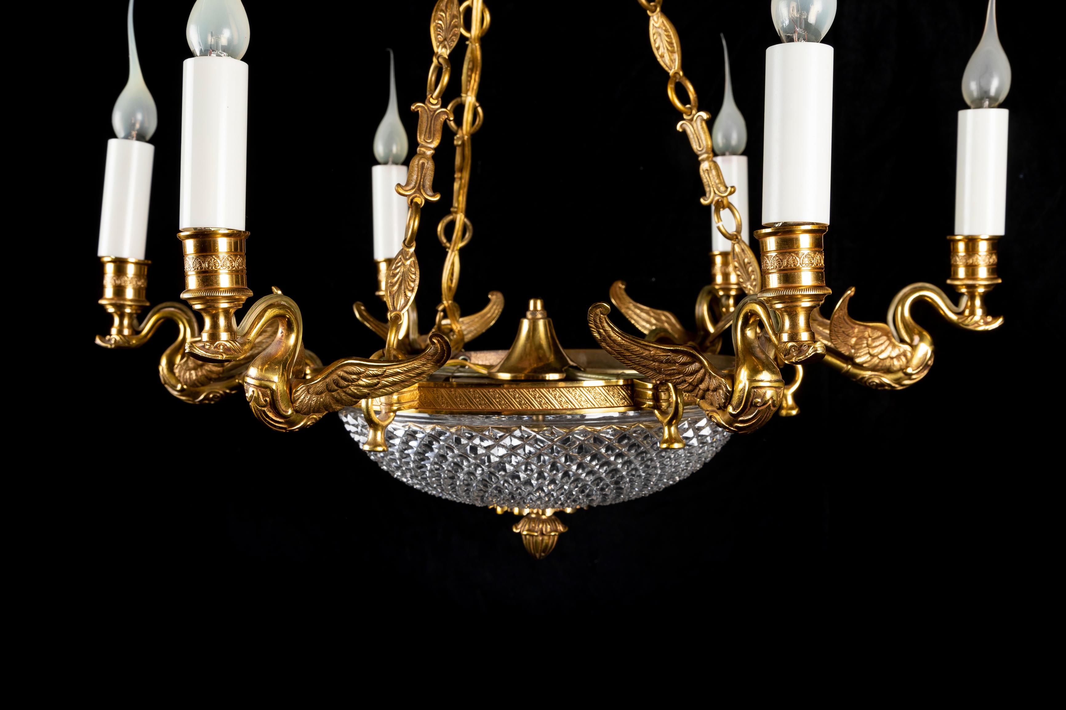 A Fine French Empire Style Gilt Bronze and Crystal Swan Chandelier In Good Condition For Sale In New York, NY
