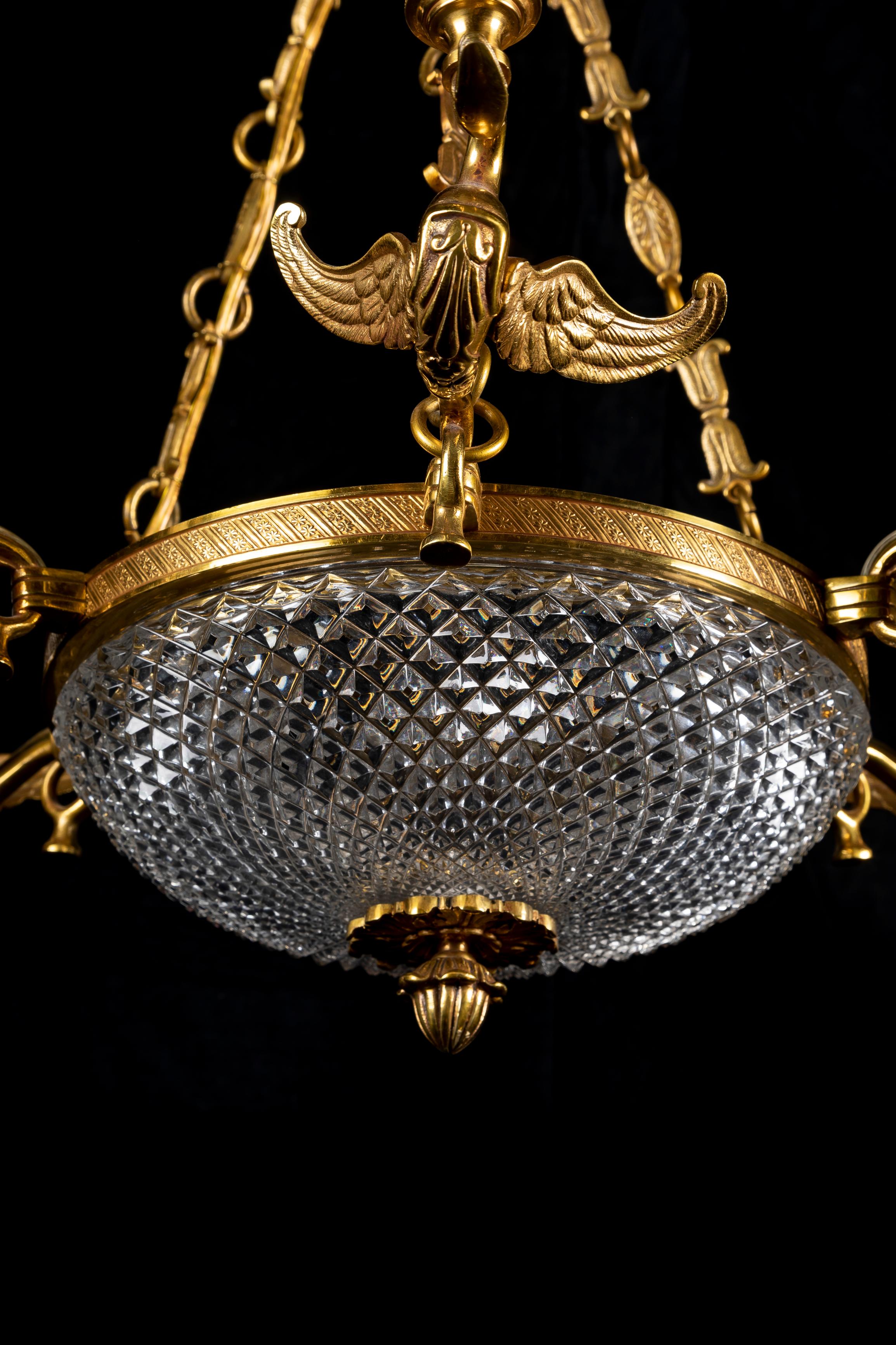 A Fine French Empire Style Gilt Bronze and Crystal Swan Chandelier For Sale 1