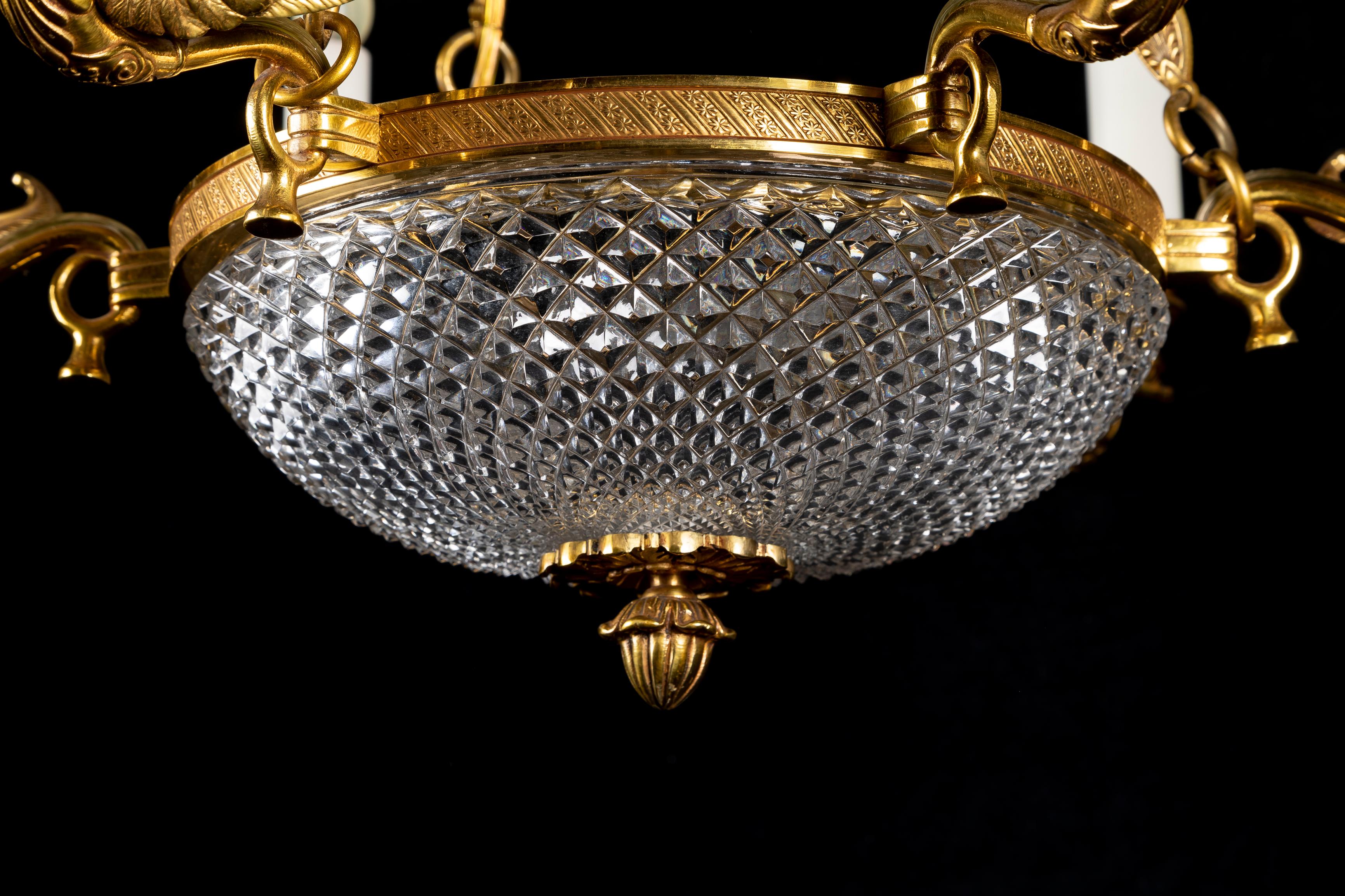 A Fine French Empire Style Gilt Bronze and Crystal Swan Chandelier For Sale 2