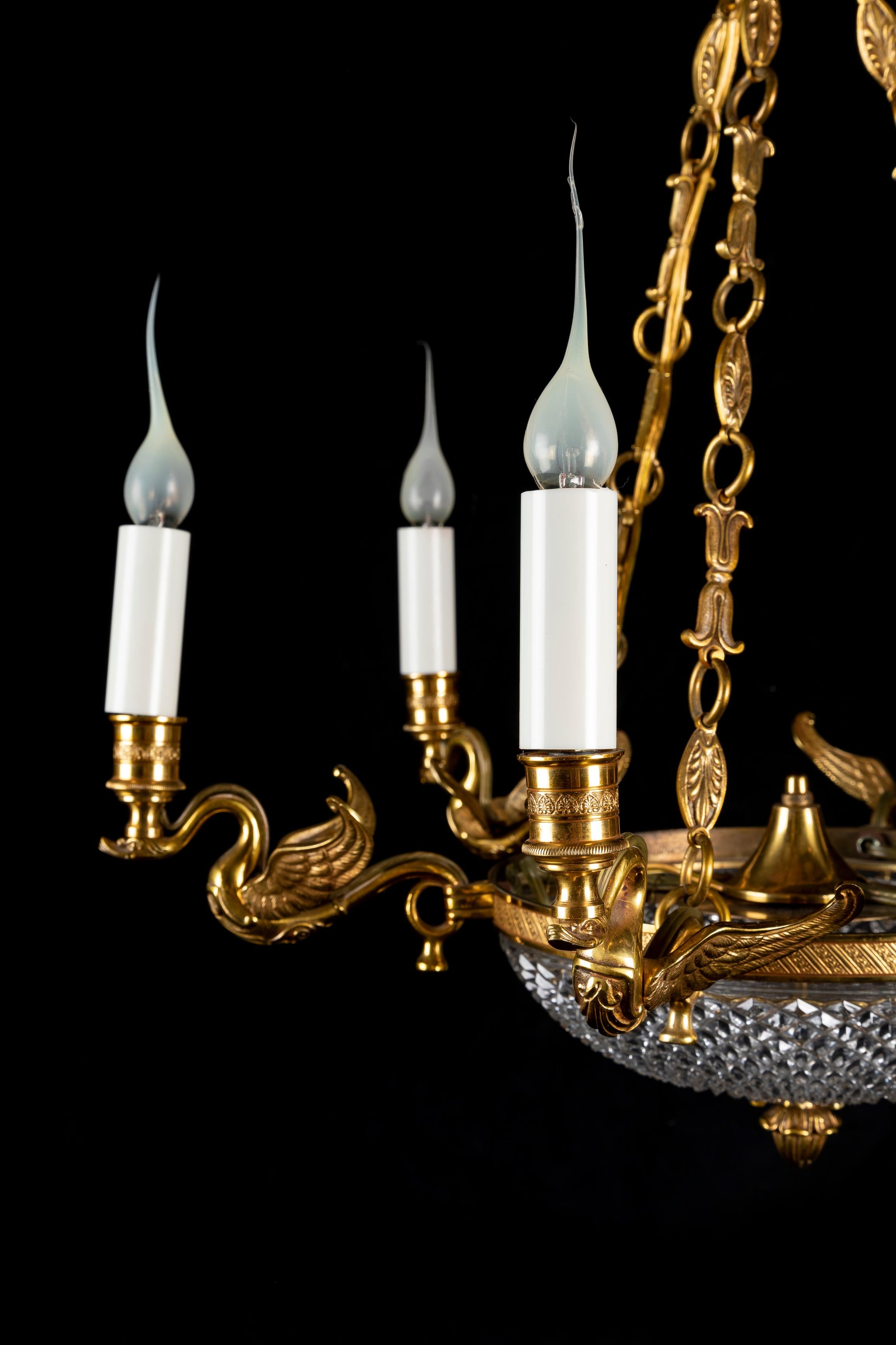 A Fine French Empire Style Gilt Bronze and Crystal Swan Chandelier For Sale 4