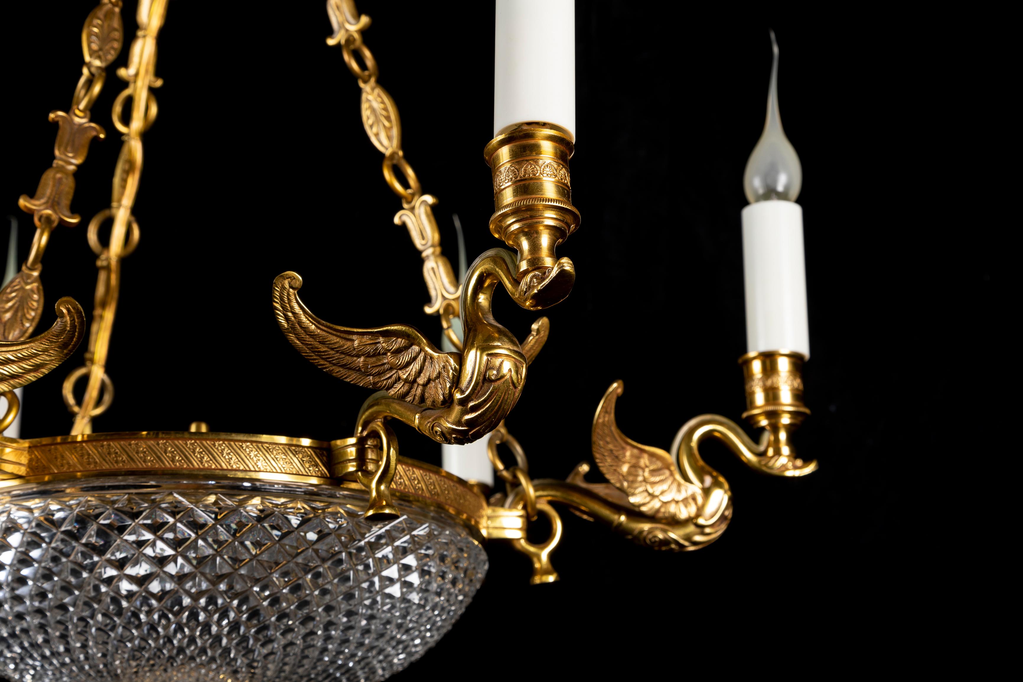 A Fine French Empire Style Gilt Bronze and Crystal Swan Chandelier For Sale 4