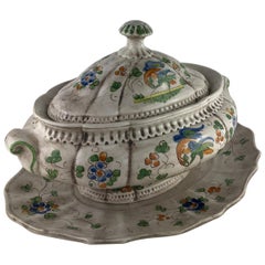 Fine French Faience Hand Painted Soup Tureen and Underplate