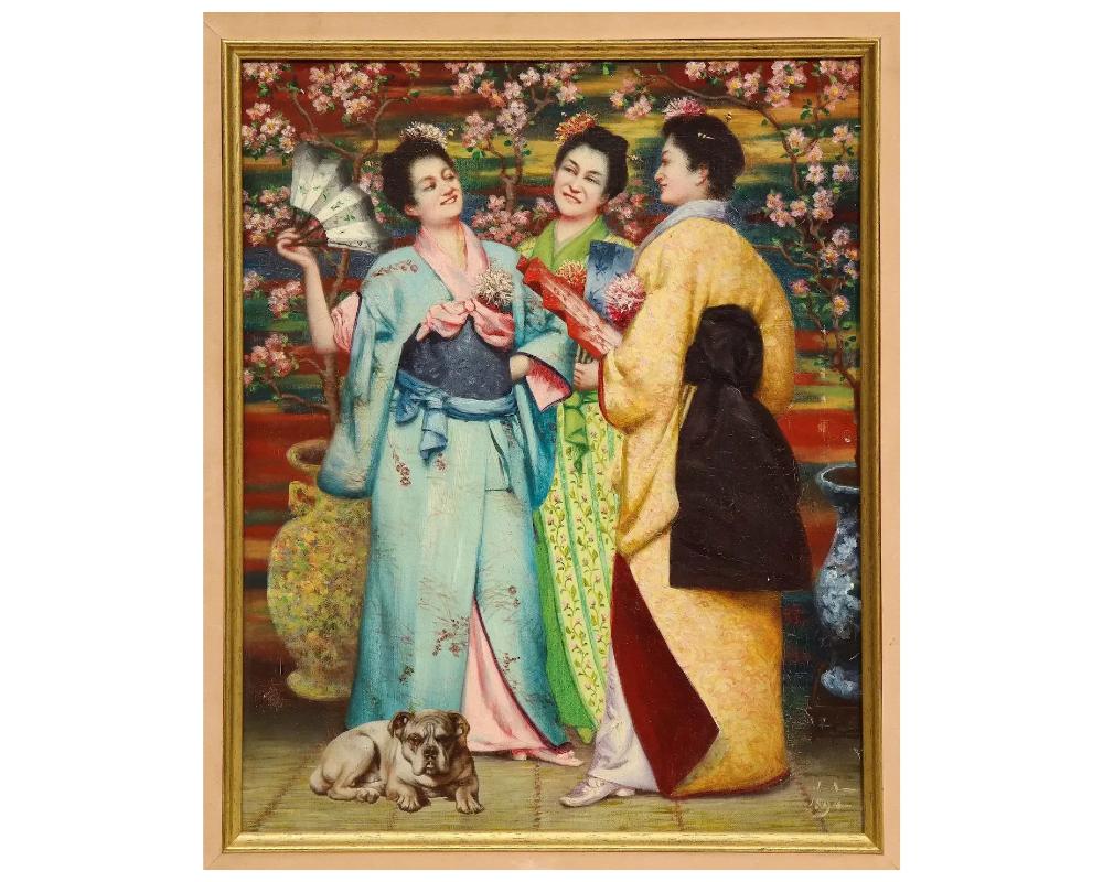 Französisches Japonismus, Öl auf Leinwand, Gemälde der „Drei Geishas“, ca. 1900, Öl im Zustand „Gut“ im Angebot in New York, NY