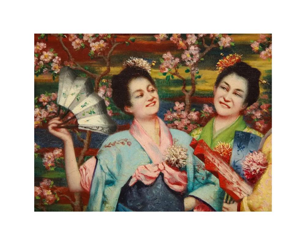 Französisches Japonismus, Öl auf Leinwand, Gemälde der „Drei Geishas“, ca. 1900, Öl (19. Jahrhundert) im Angebot