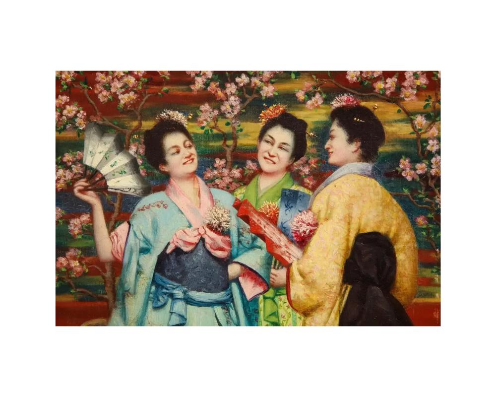 Französisches Japonismus, Öl auf Leinwand, Gemälde der „Drei Geishas“, ca. 1900, Öl im Angebot 4