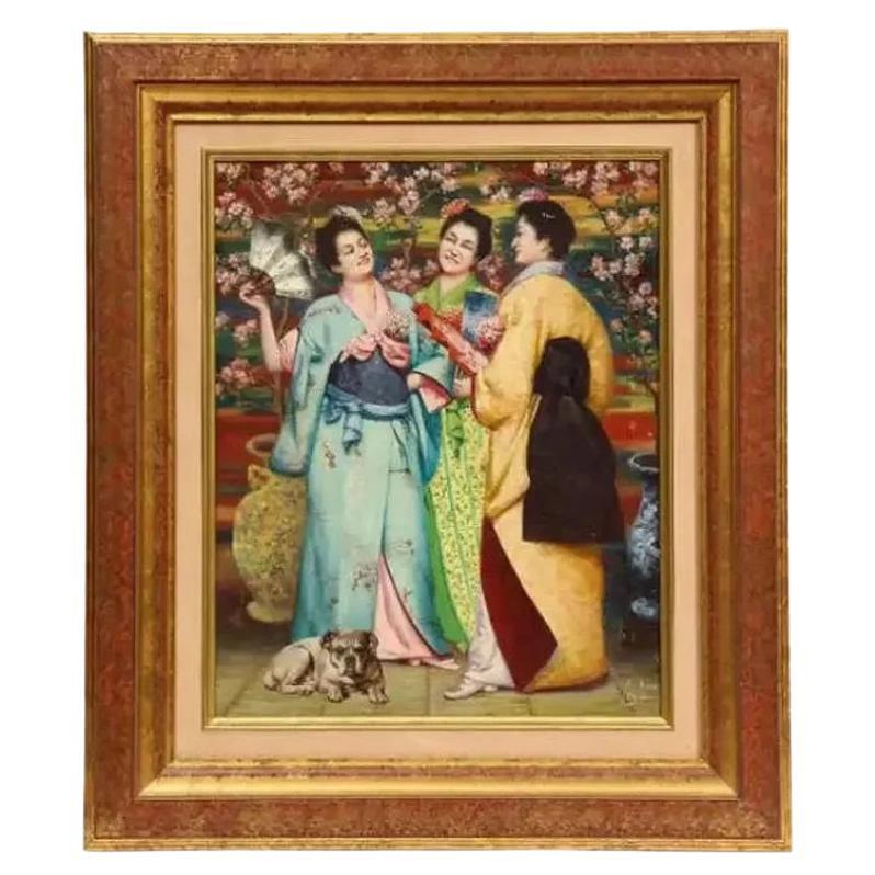 Fine French Japonisme Oil on Canvas Painting of "Three Geishas" C. 1900 For Sale