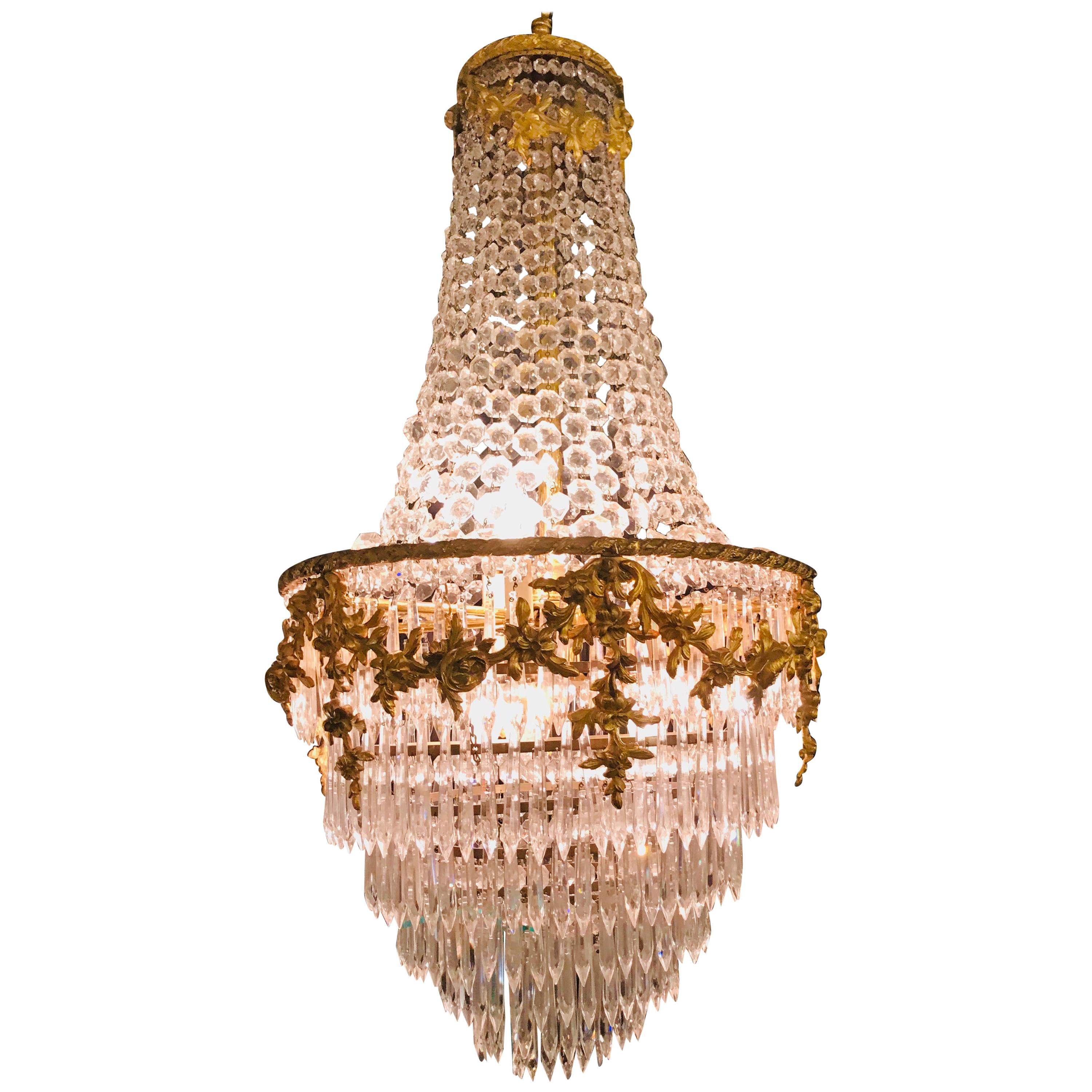 Fine French Louis XVI Style Gilt Bronze 3-Light Swag Form Crystal Chandelier