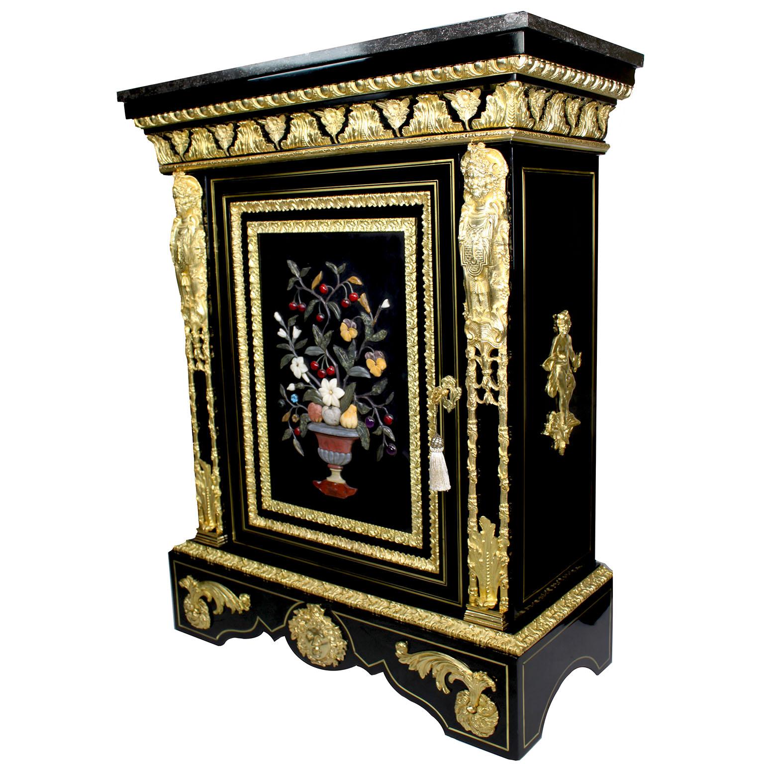 A very fine French 19th century Napoleon III Ormolu Mounted Ebonized wood and Pietra Dura Meuble d'Appui à Hauteur with a grey marble top. The single front-door black-lacquered cabinet centered with a Pietra Dure (Semi precious hard stones) plaque