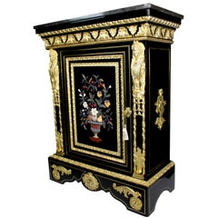 Fine French Napoleon III Ormolu Mounted Ebonized Wood & Pietra Dura Cabinet