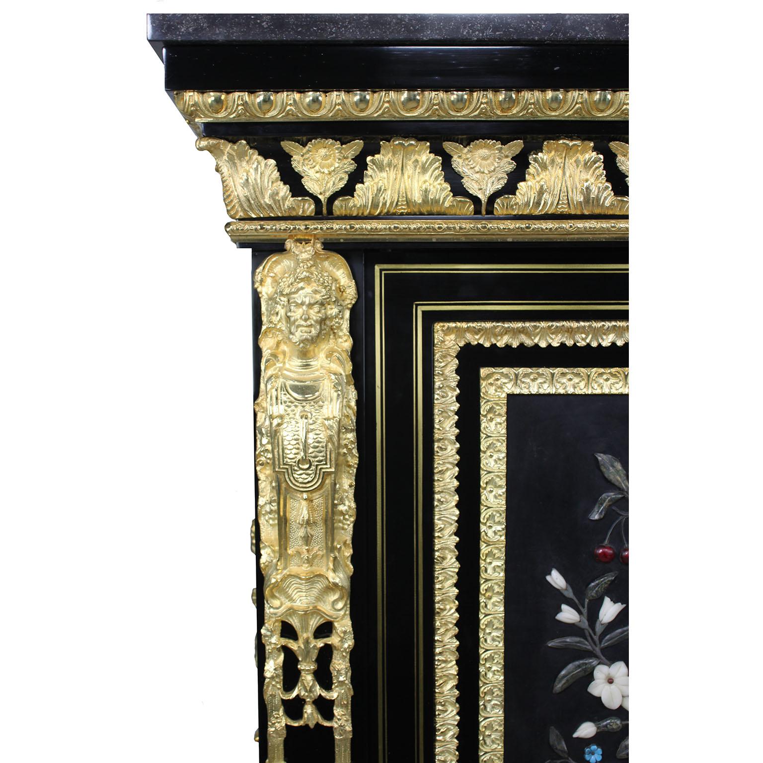 Multi-gemstone Fine French Napoleon III Ormolu Mounted Ebonized Wood & Pietra Dura Cabinet For Sale