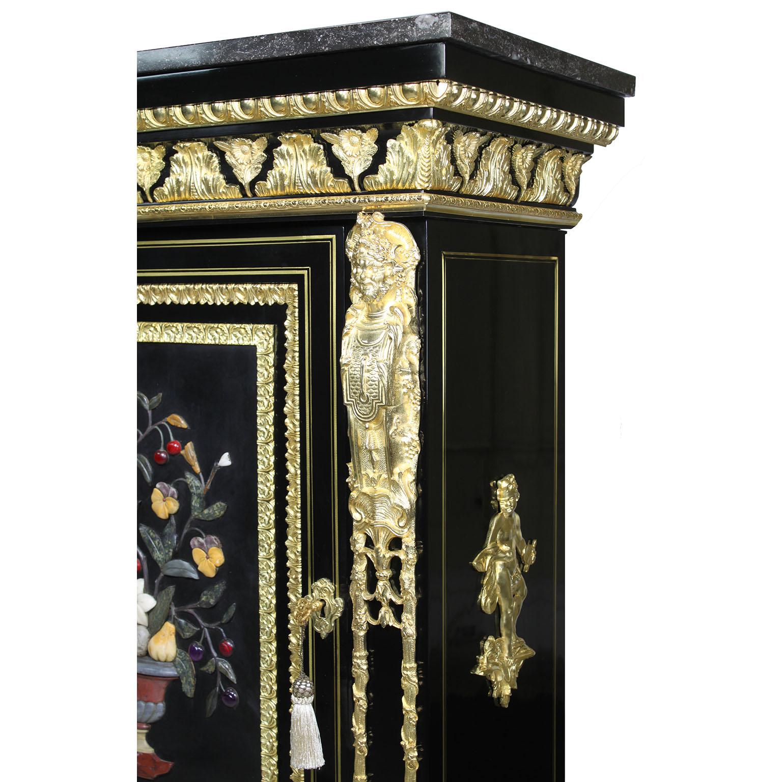 Fine French Napoleon III Ormolu Mounted Ebonized Wood & Pietra Dura Cabinet For Sale 1