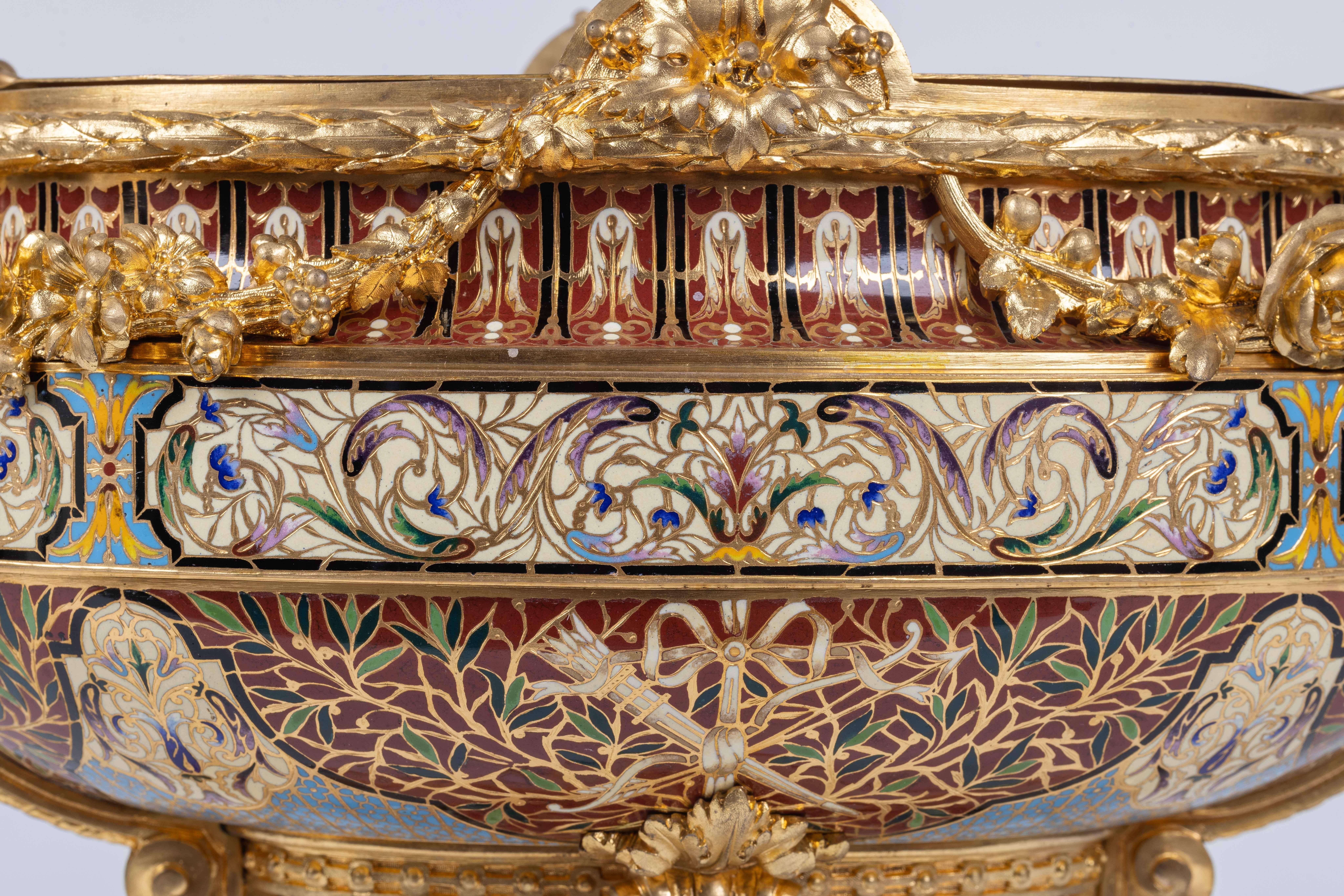 A Fine French Ormolu, Champleve Enamel, and Onyx Figural Centerpiece Jardiniere For Sale 4