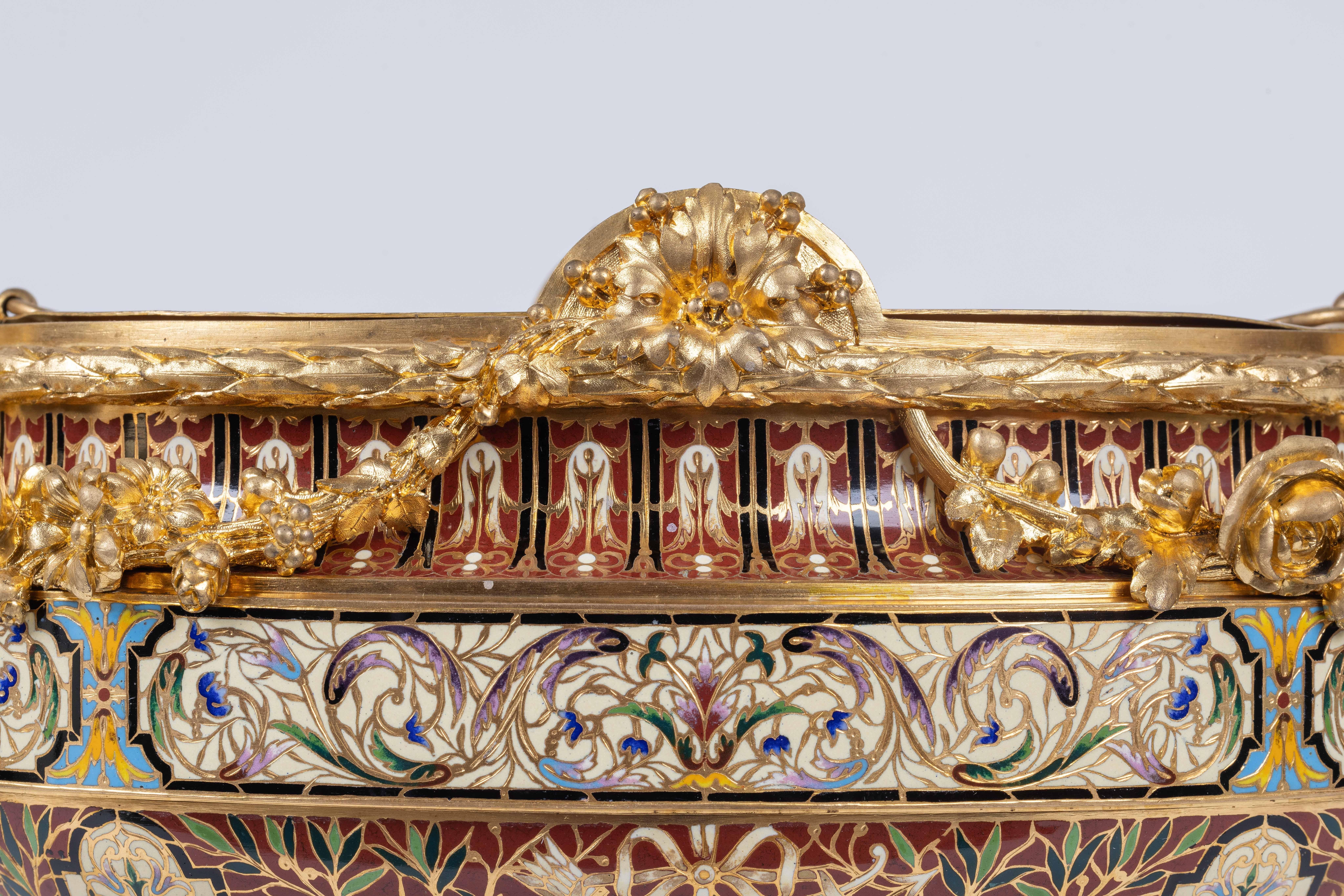 A Fine French Ormolu, Champleve Enamel, and Onyx Figural Centerpiece Jardiniere For Sale 5