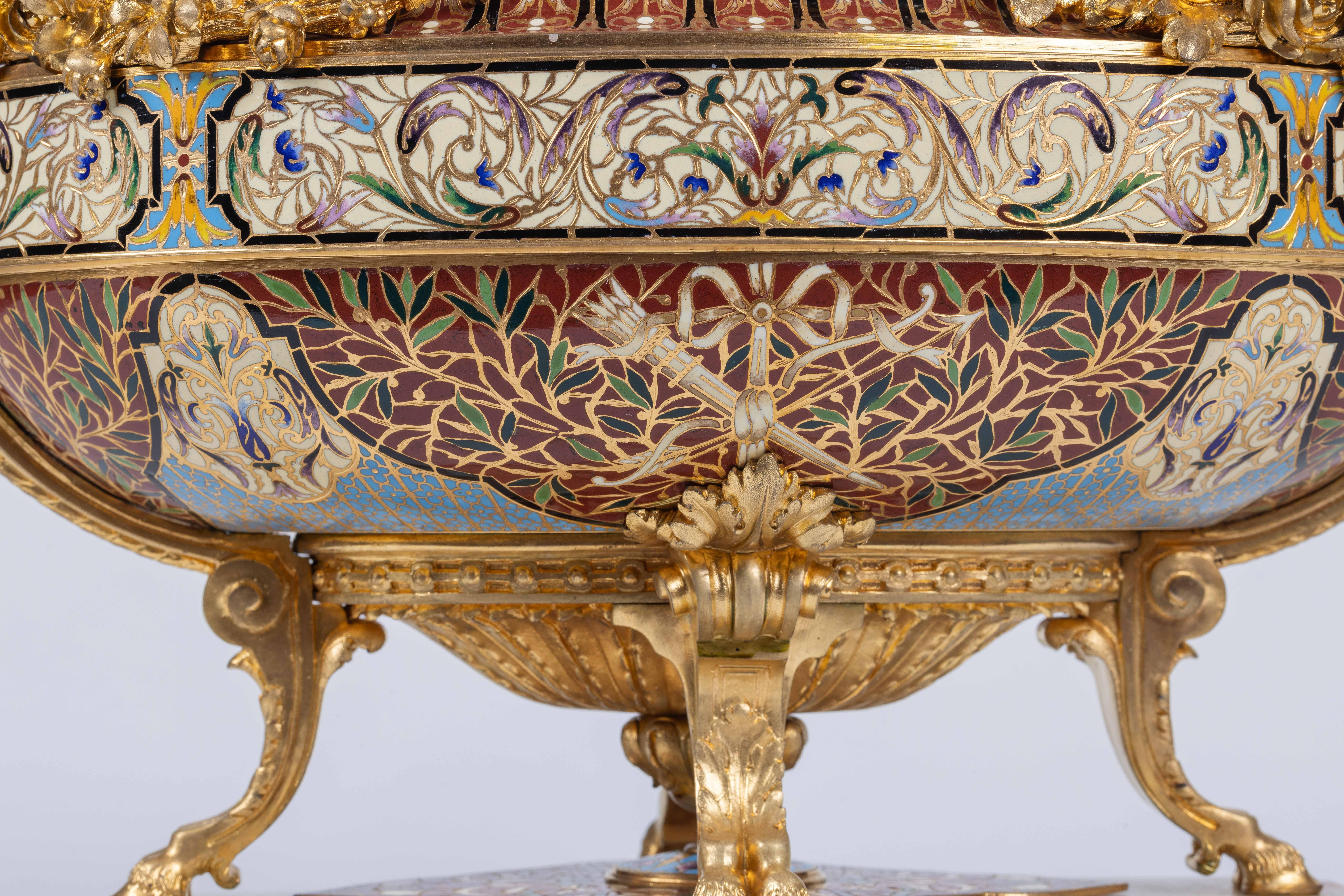 A Fine French Ormolu, Champleve Enamel, and Onyx Figural Centerpiece Jardiniere For Sale 6