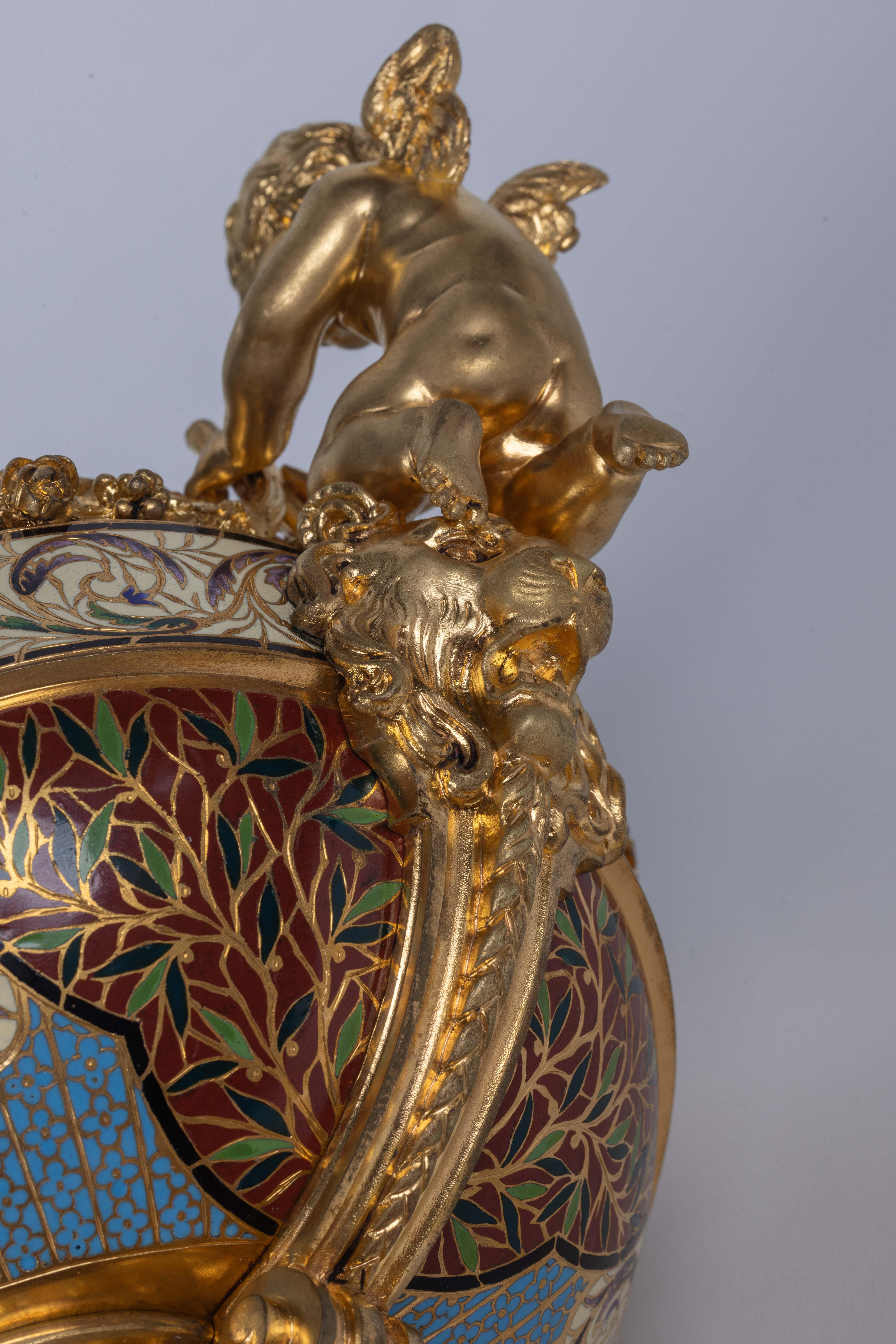 A Fine French Ormolu, Champleve Enamel, and Onyx Figural Centerpiece Jardiniere For Sale 9