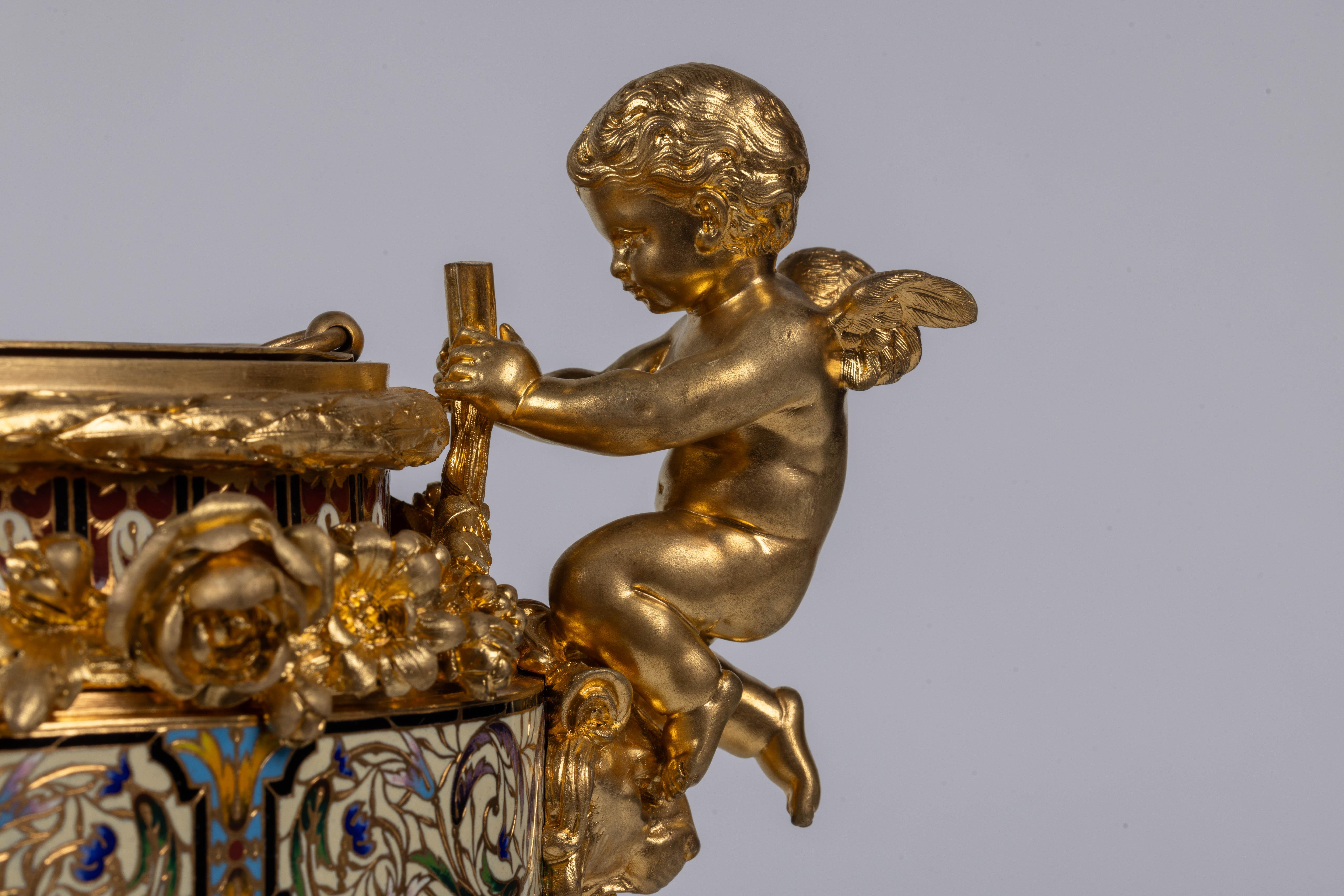 Napoleon III A Fine French Ormolu, Champleve Enamel, and Onyx Figural Centerpiece Jardiniere