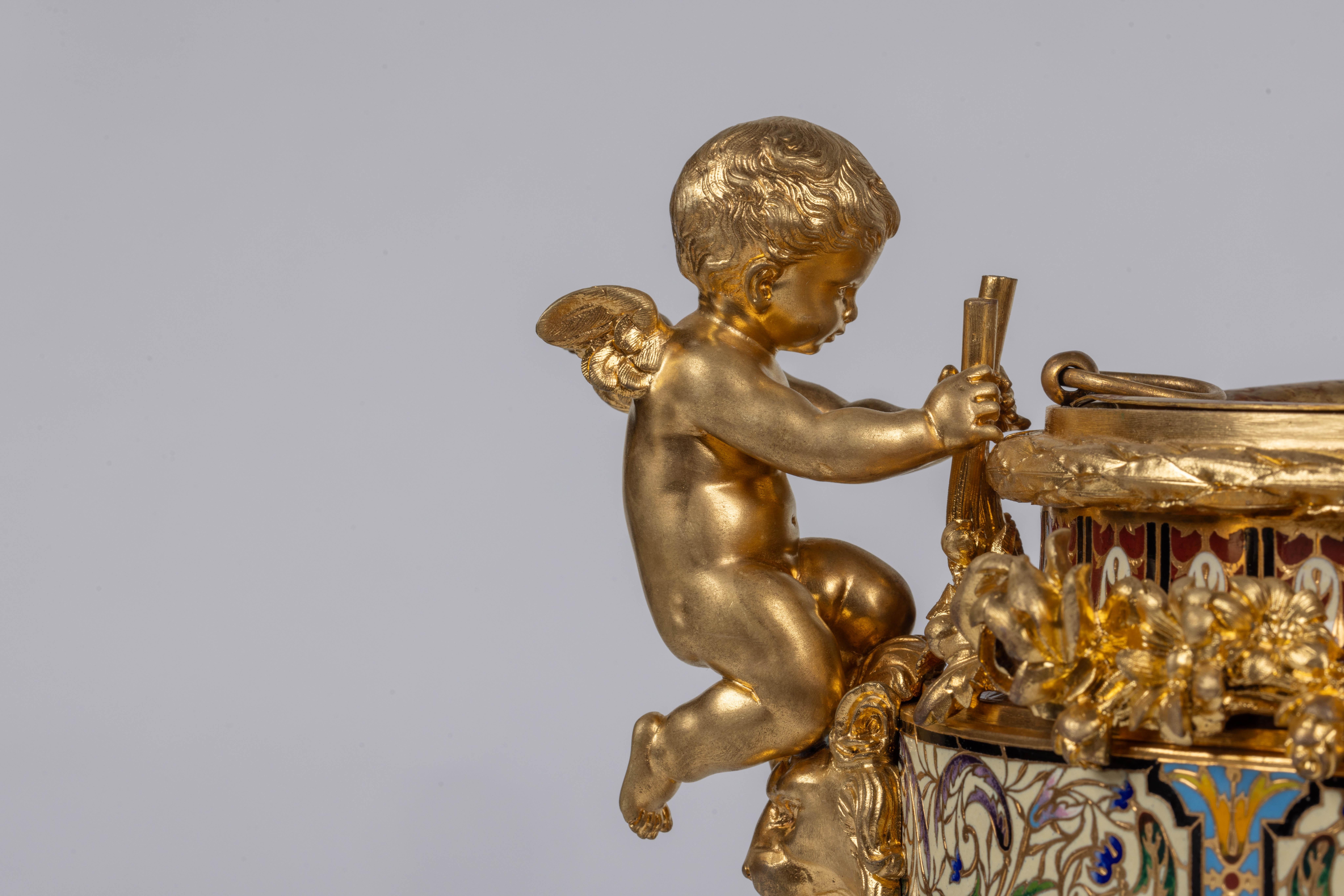 A Fine French Ormolu, Champleve Enamel, and Onyx Figural Centerpiece Jardiniere In Good Condition For Sale In New York, NY