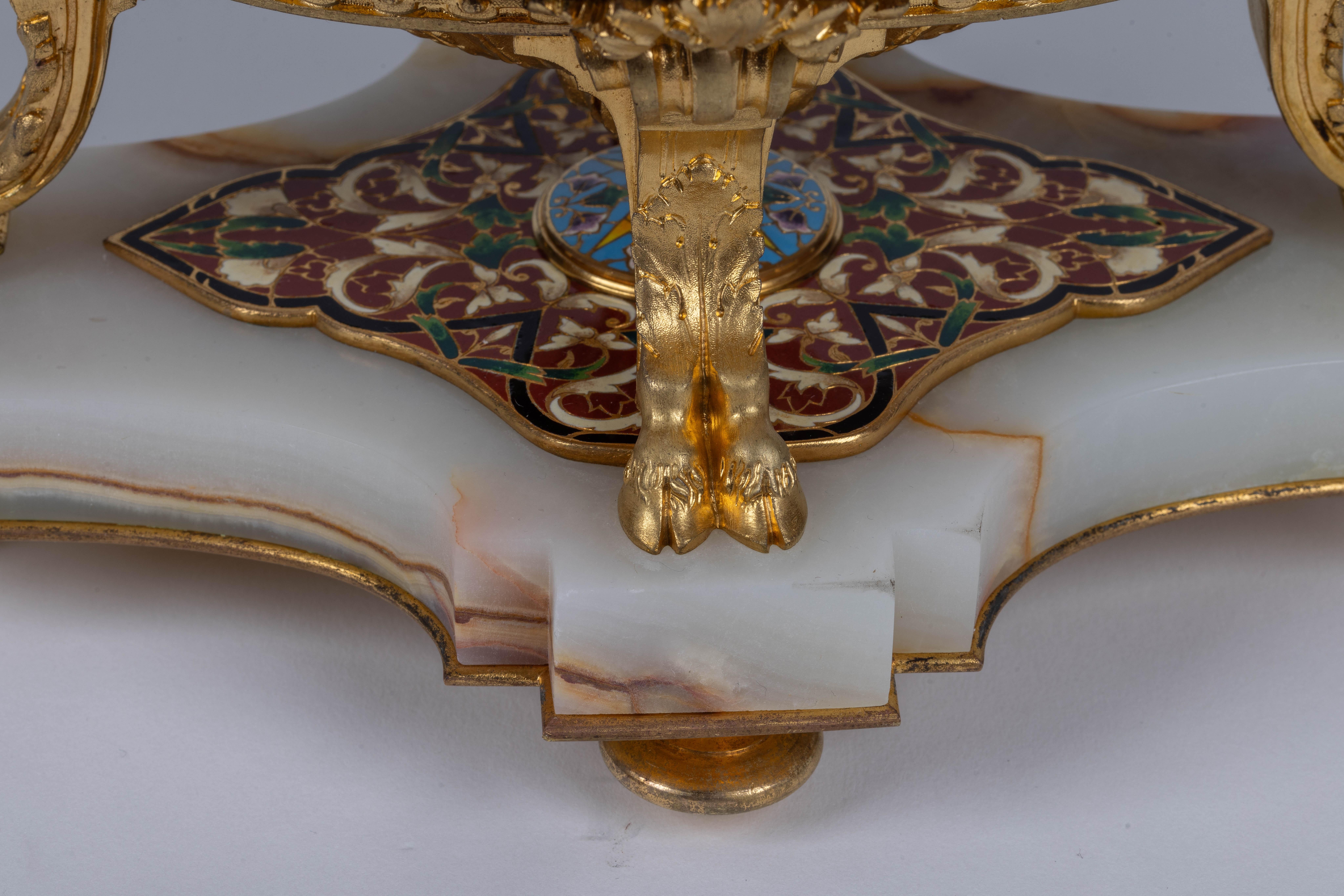 19th Century A Fine French Ormolu, Champleve Enamel, and Onyx Figural Centerpiece Jardiniere For Sale