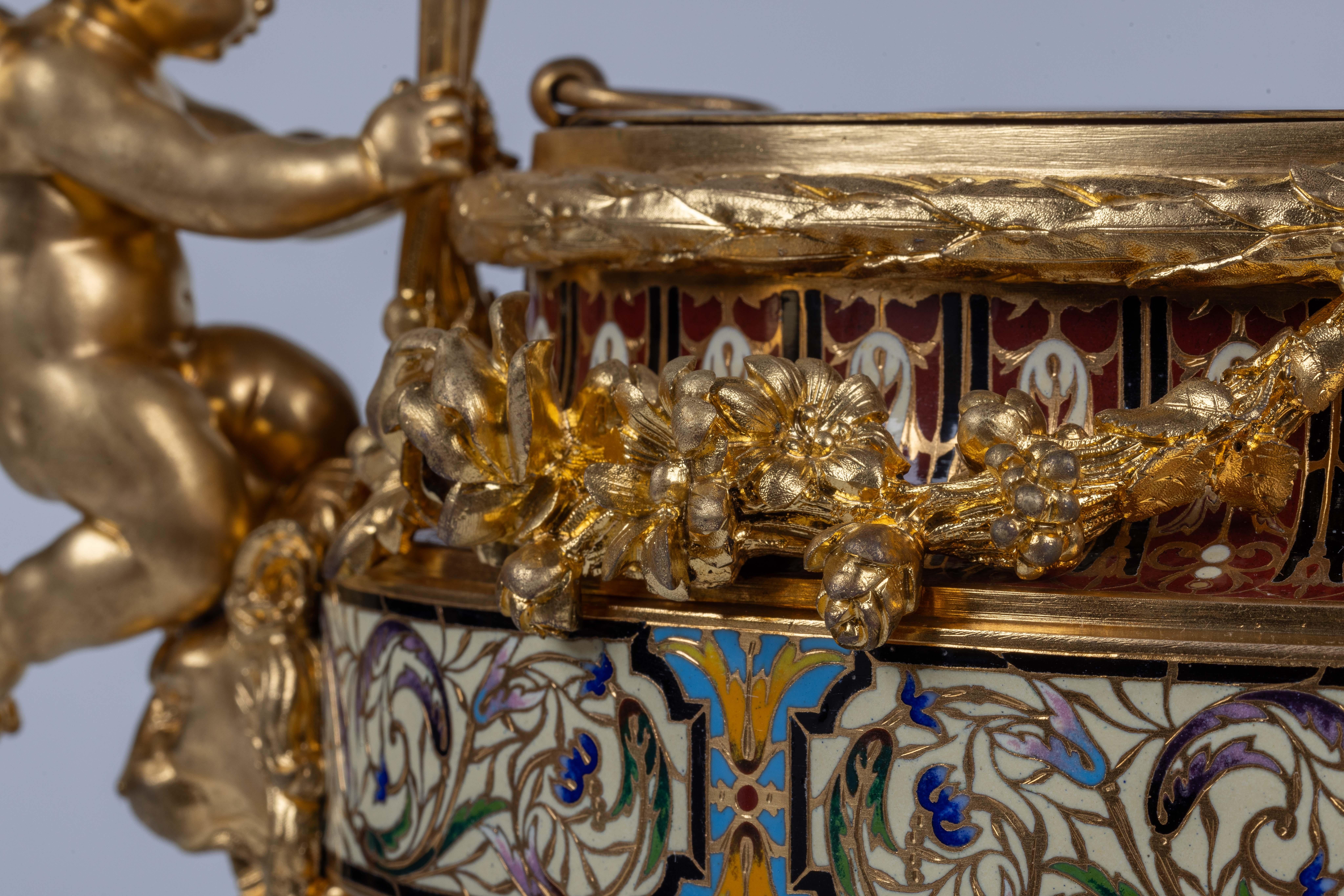 Bronze A Fine French Ormolu, Champleve Enamel, and Onyx Figural Centerpiece Jardiniere For Sale