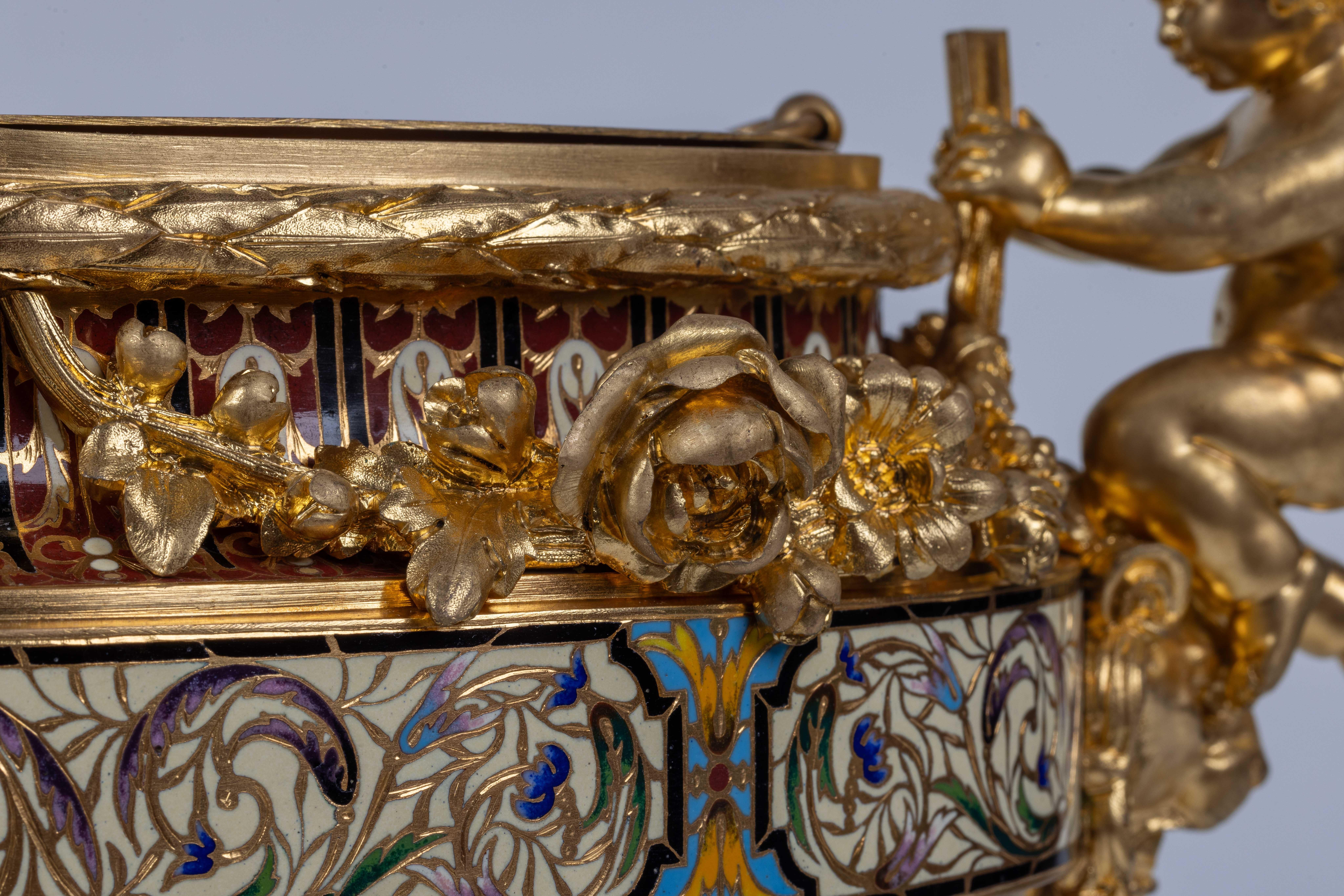 A Fine French Ormolu, Champleve Enamel, and Onyx Figural Centerpiece Jardiniere For Sale 1