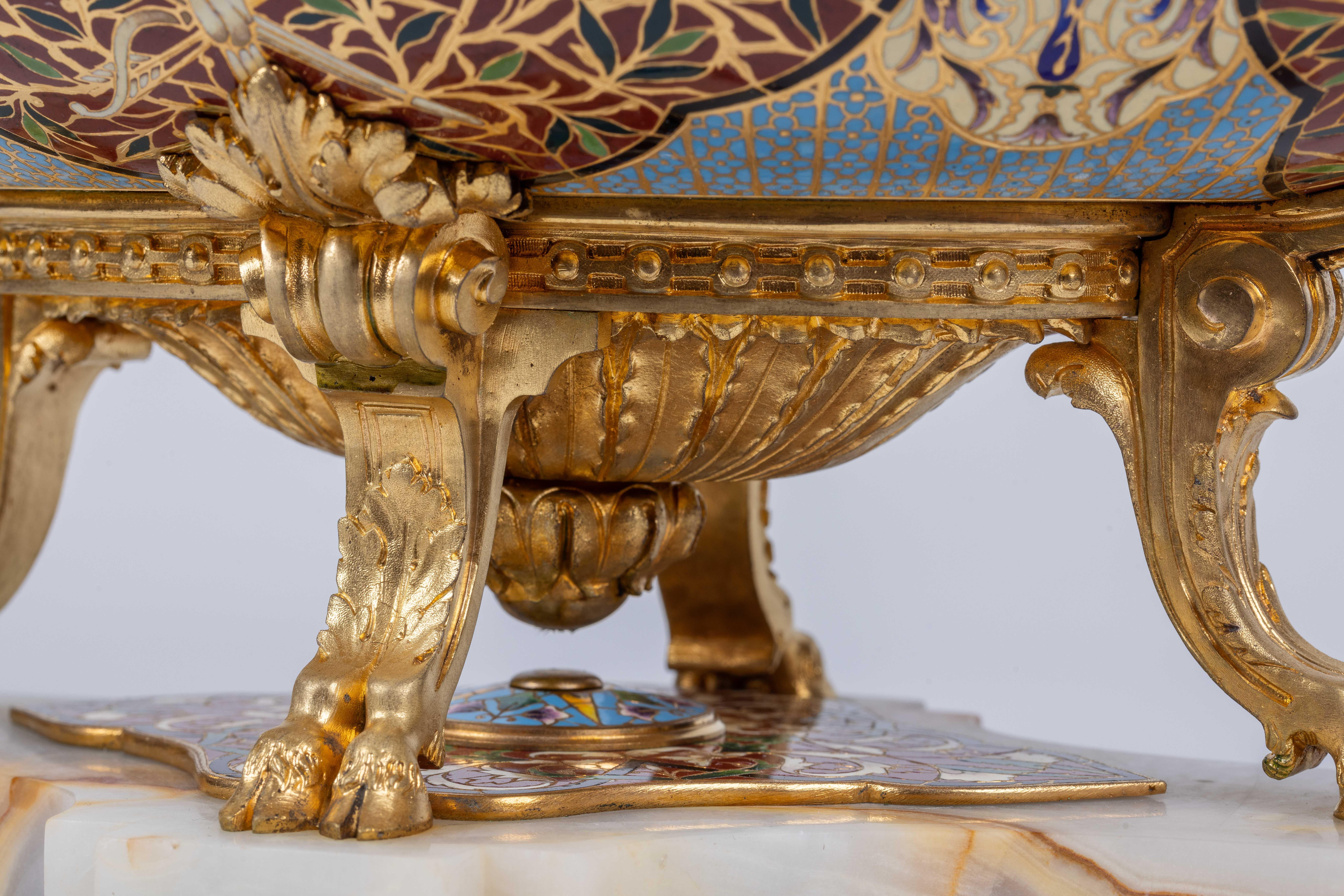 A Fine French Ormolu, Champleve Enamel, and Onyx Figural Centerpiece Jardiniere For Sale 2