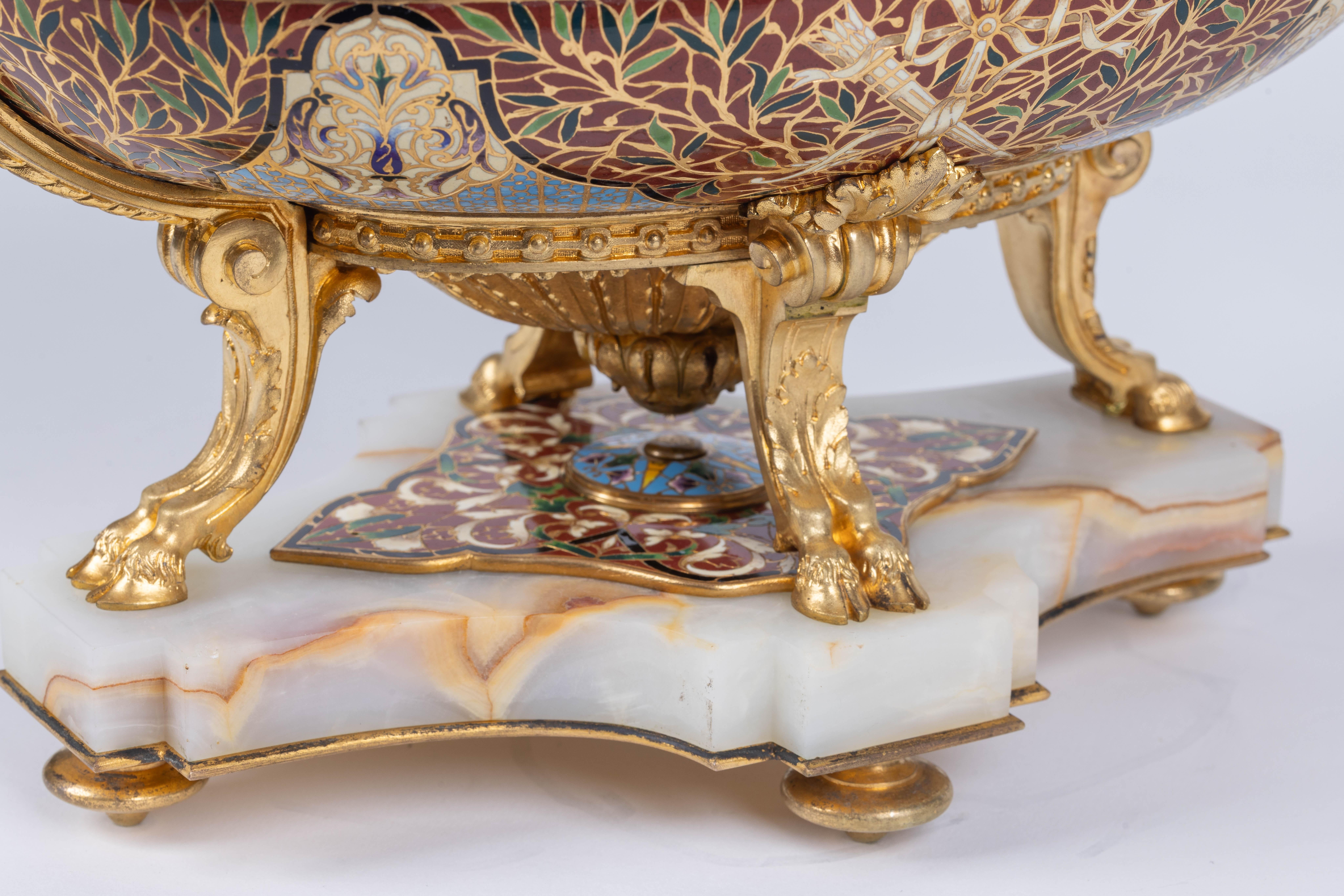 A Fine French Ormolu, Champleve Enamel, and Onyx Figural Centerpiece Jardiniere For Sale 3
