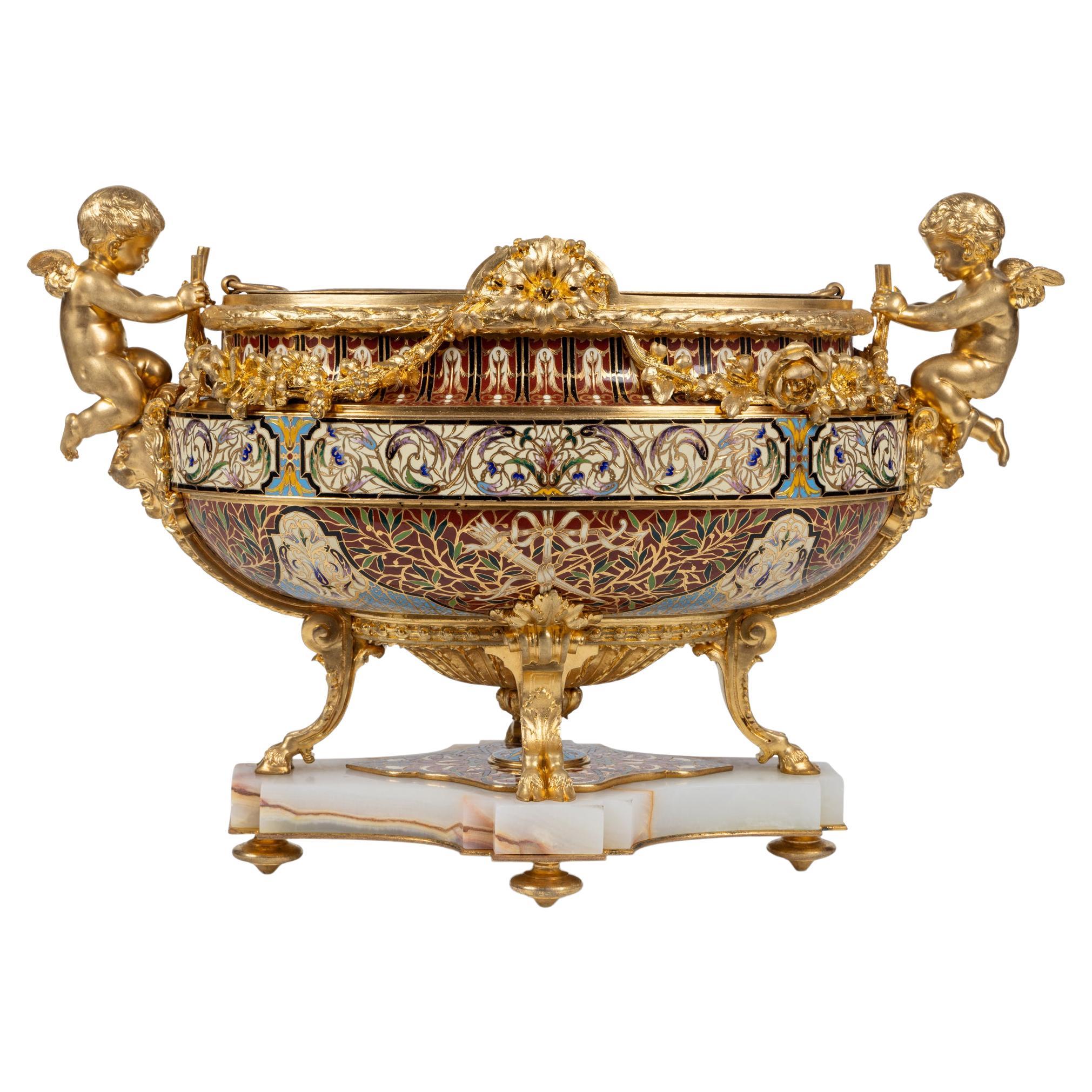 A Fine French Ormolu, Champleve Enamel, and Onyx Figural Centerpiece Jardiniere For Sale