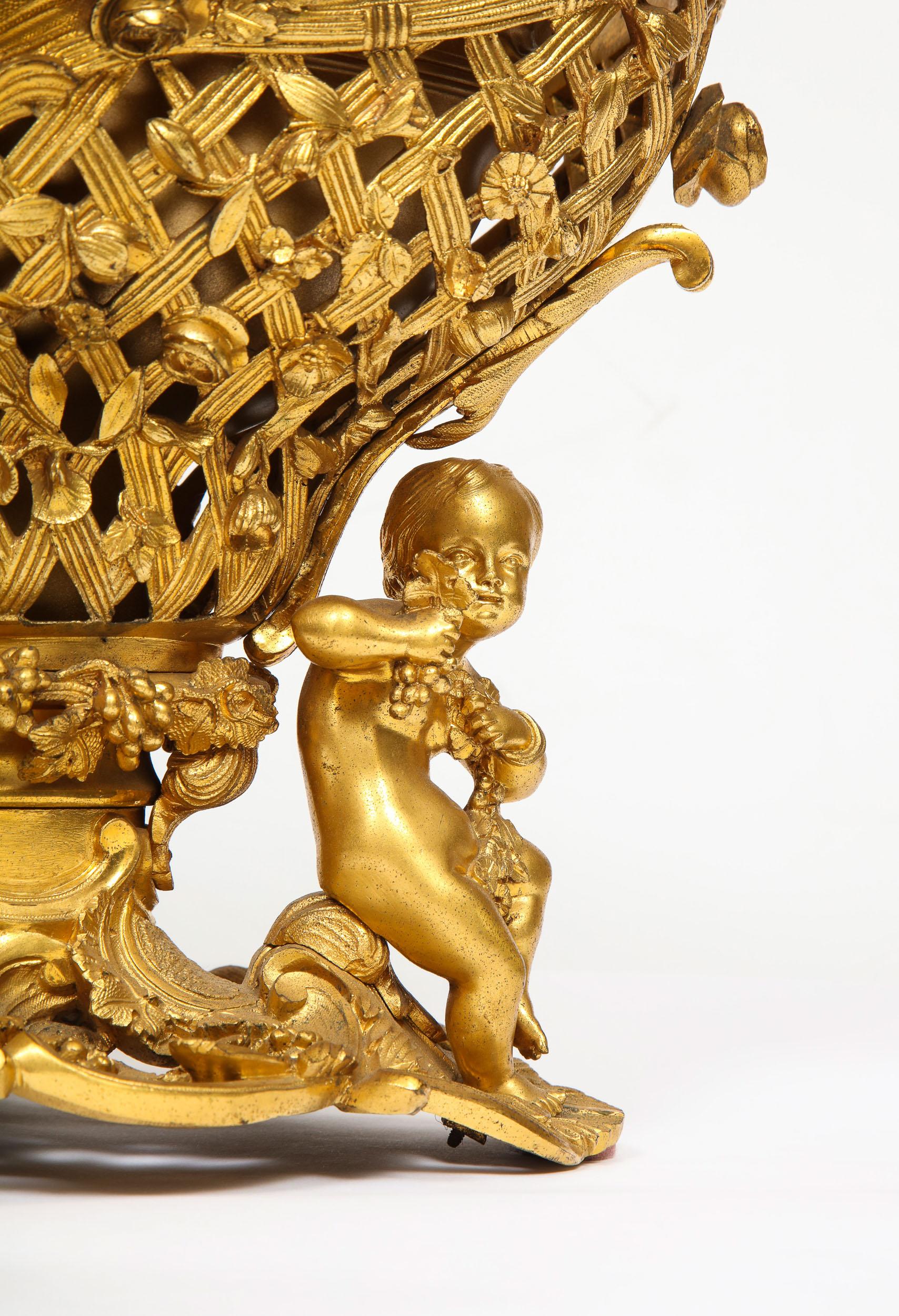 19th Century Fine French Rococo Ormolu Bronze Basket Centerpiece with Putti, Henri Picard