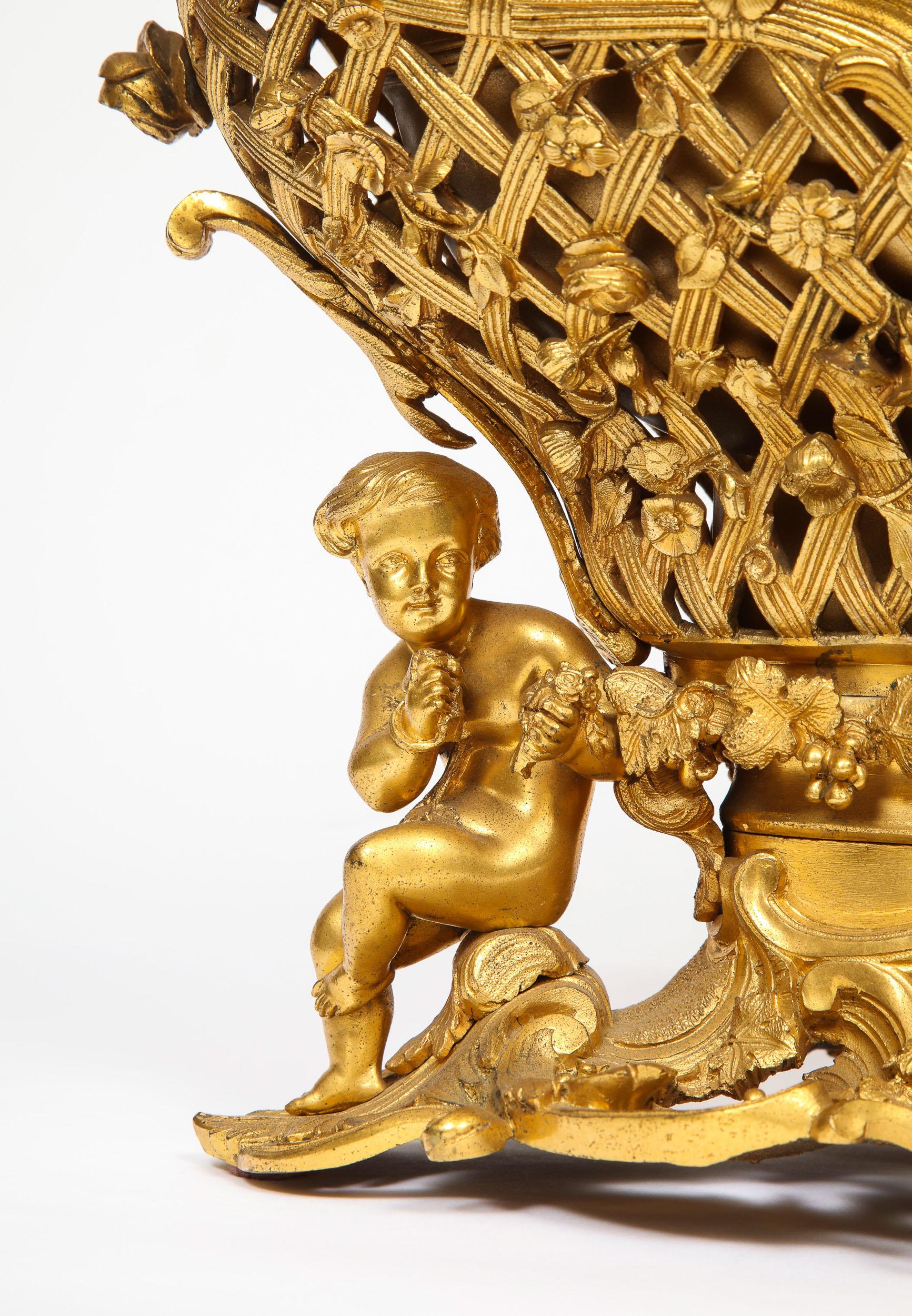Fine French Rococo Ormolu Bronze Basket Centerpiece with Putti, Henri Picard 1