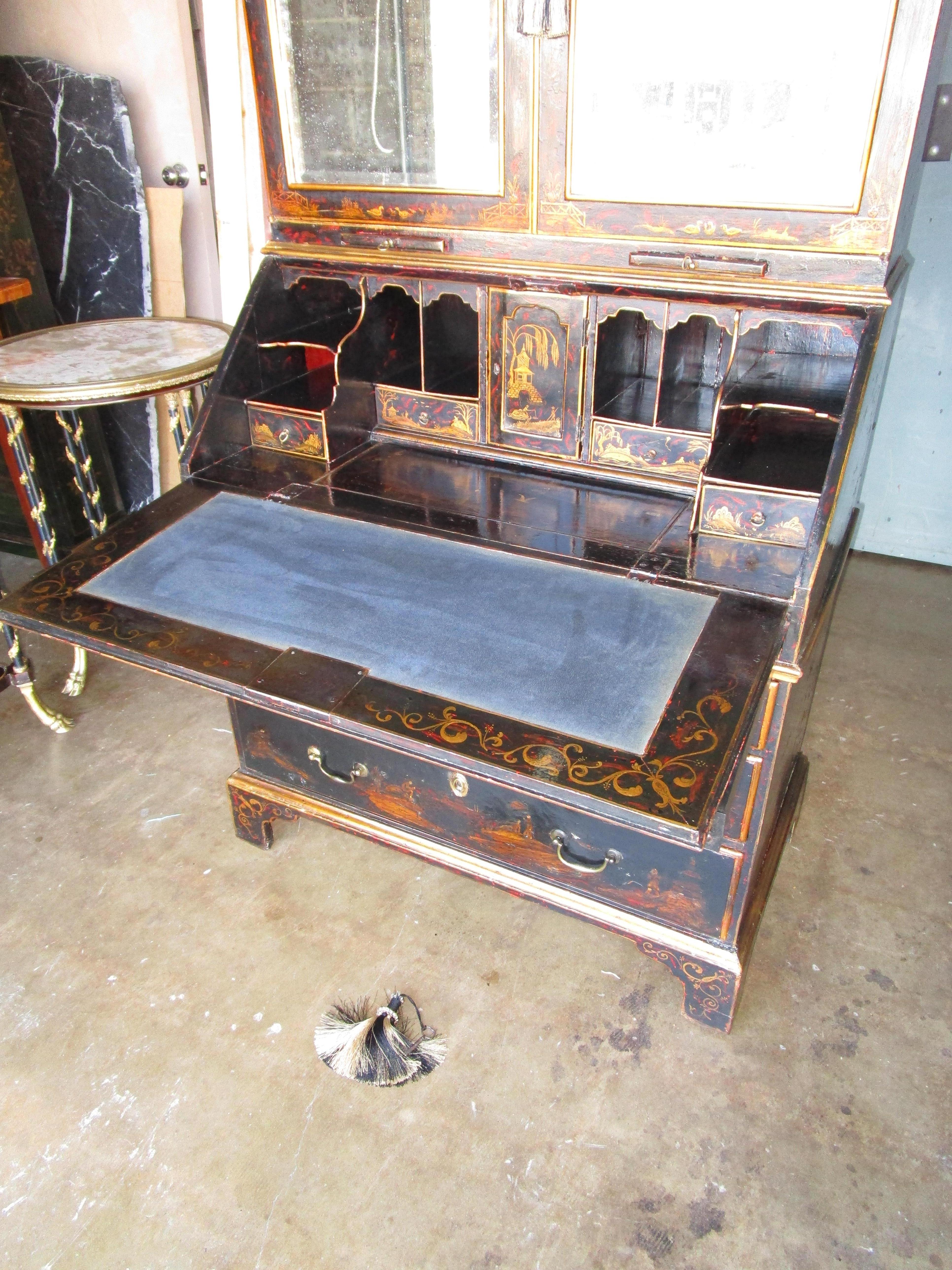 English Fine George 111 Period Japanned Black Lacquered Secretary