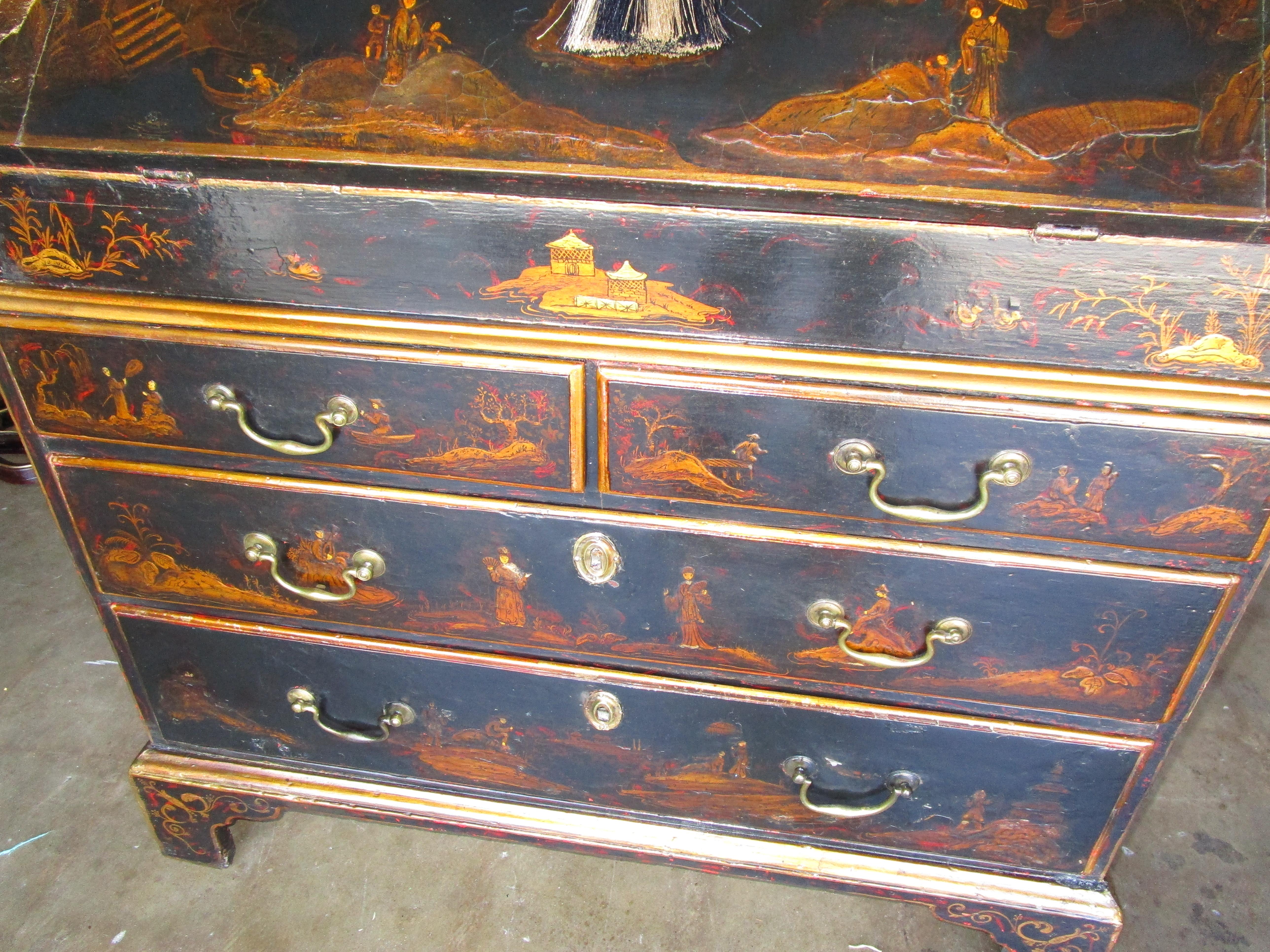 Fine George 111 Period Japanned Black Lacquered Secretary 2